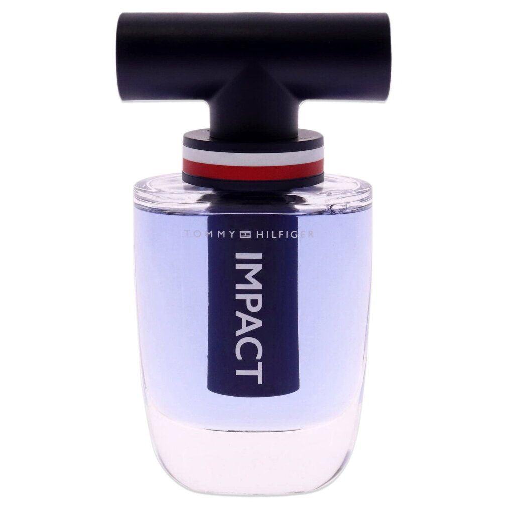 Tommy Hilfiger Impact Eau de Toilette Flakon mit blauem Duft und schwarzem T-förmigem Verschluss.