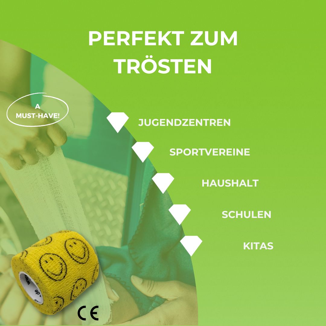 Gelbes, selbsthaftendes Verbandrolle mit lachenden Gesichtern, neben einem Arm, der Bandage anlegt.
