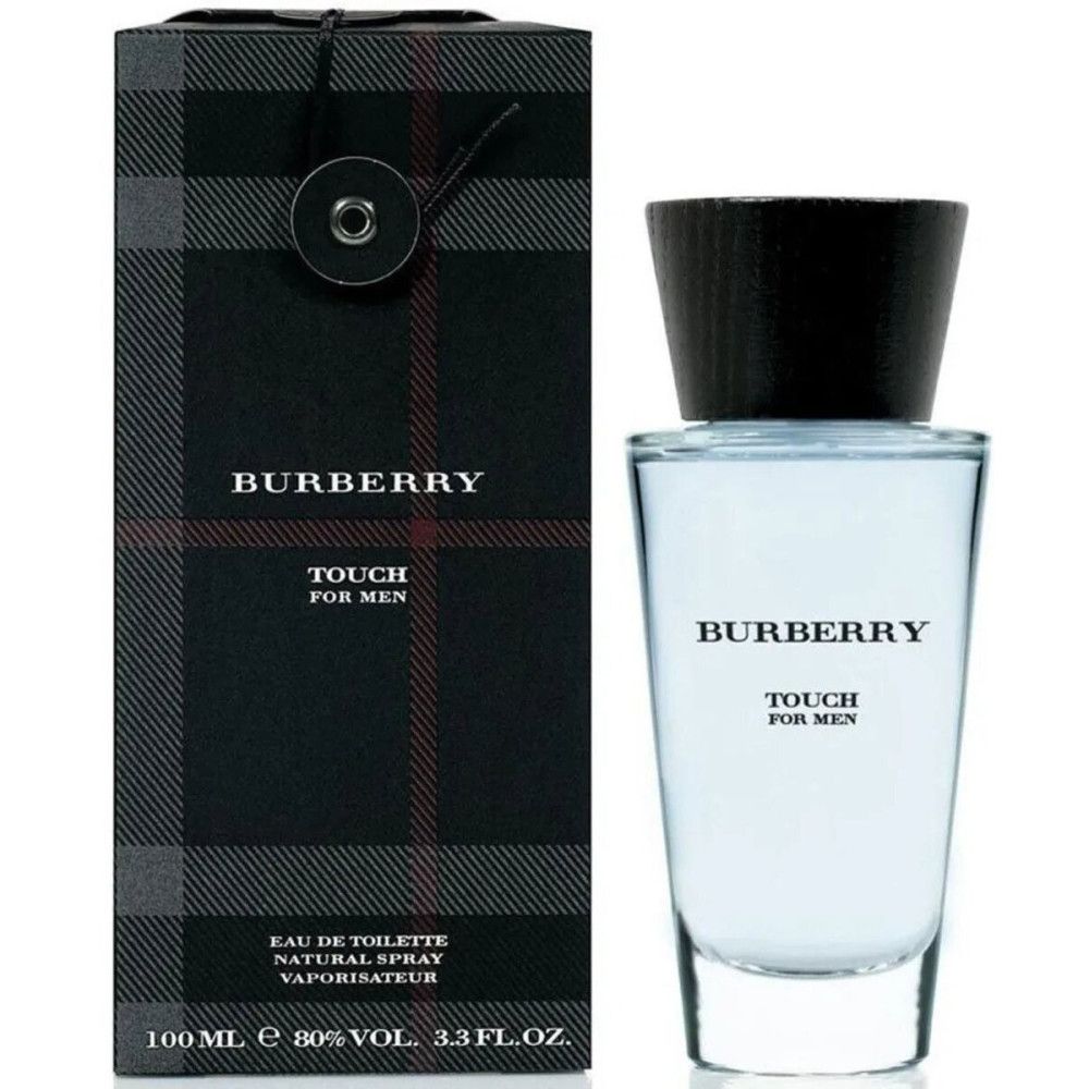 Flakon und Verpackung. Flakon mit Holzdeckel, Schriftzug Burberry Touch for Men. Verpackung mit Karomuster und Logo.