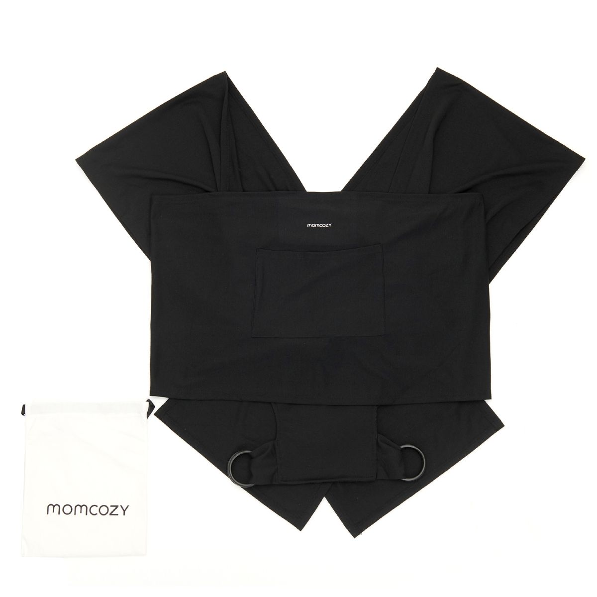 Schwarzes Babytragetuch, flach ausgebreitet. Beutel mit Momcozy-Logo. Metallringe.