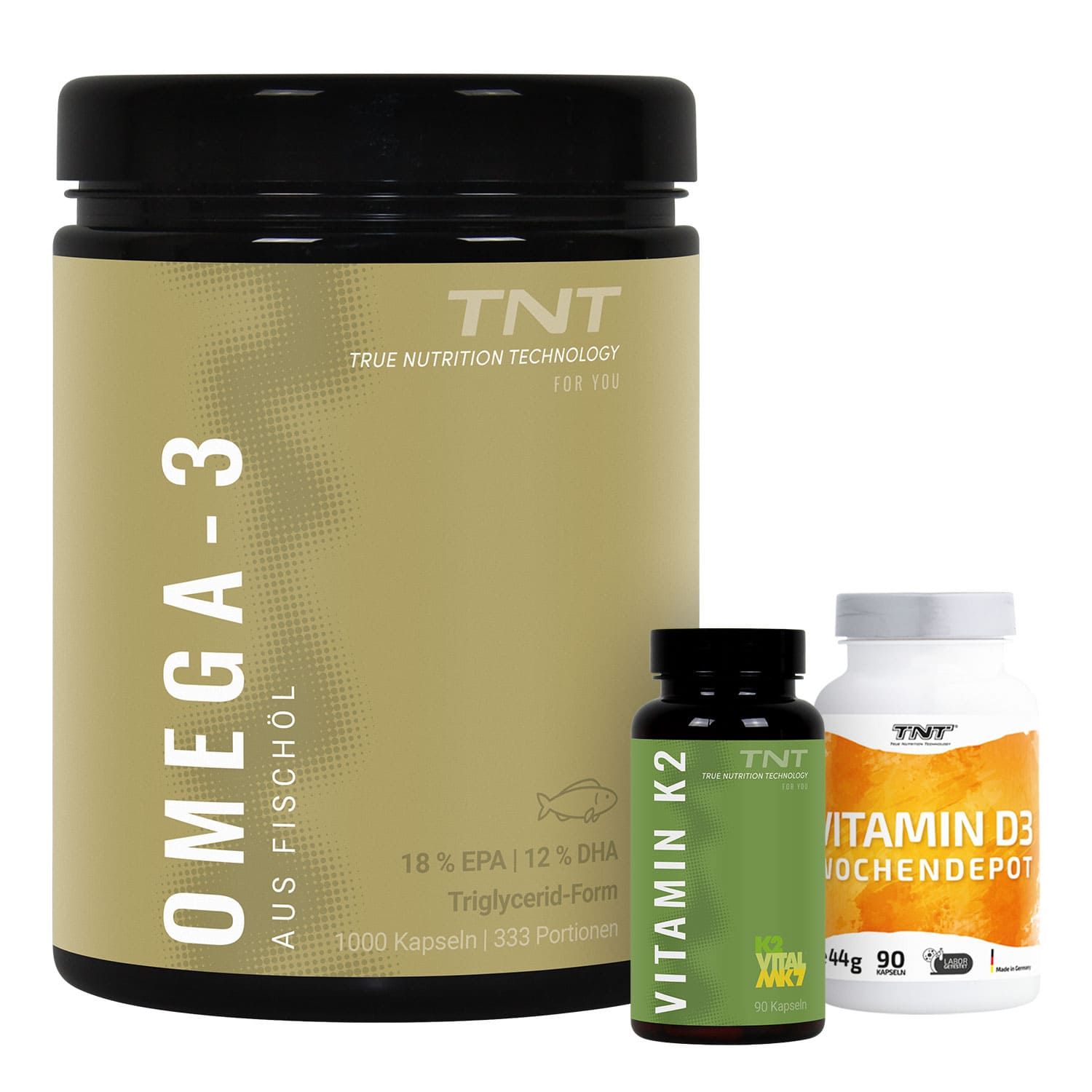 Drei Flaschen TNT-Produkte. Omega-3 Dose, Vitamin K2 und Vitamin D3. Logos und Text.