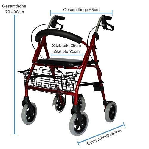 Rotfarbener Rollator mit Maßen: Gesamthöhe 79-90cm, Gesamtlänge 65cm, Gesamtbreite 60cm. Sitzbreite 35cm, Sitztiefe 31cm.