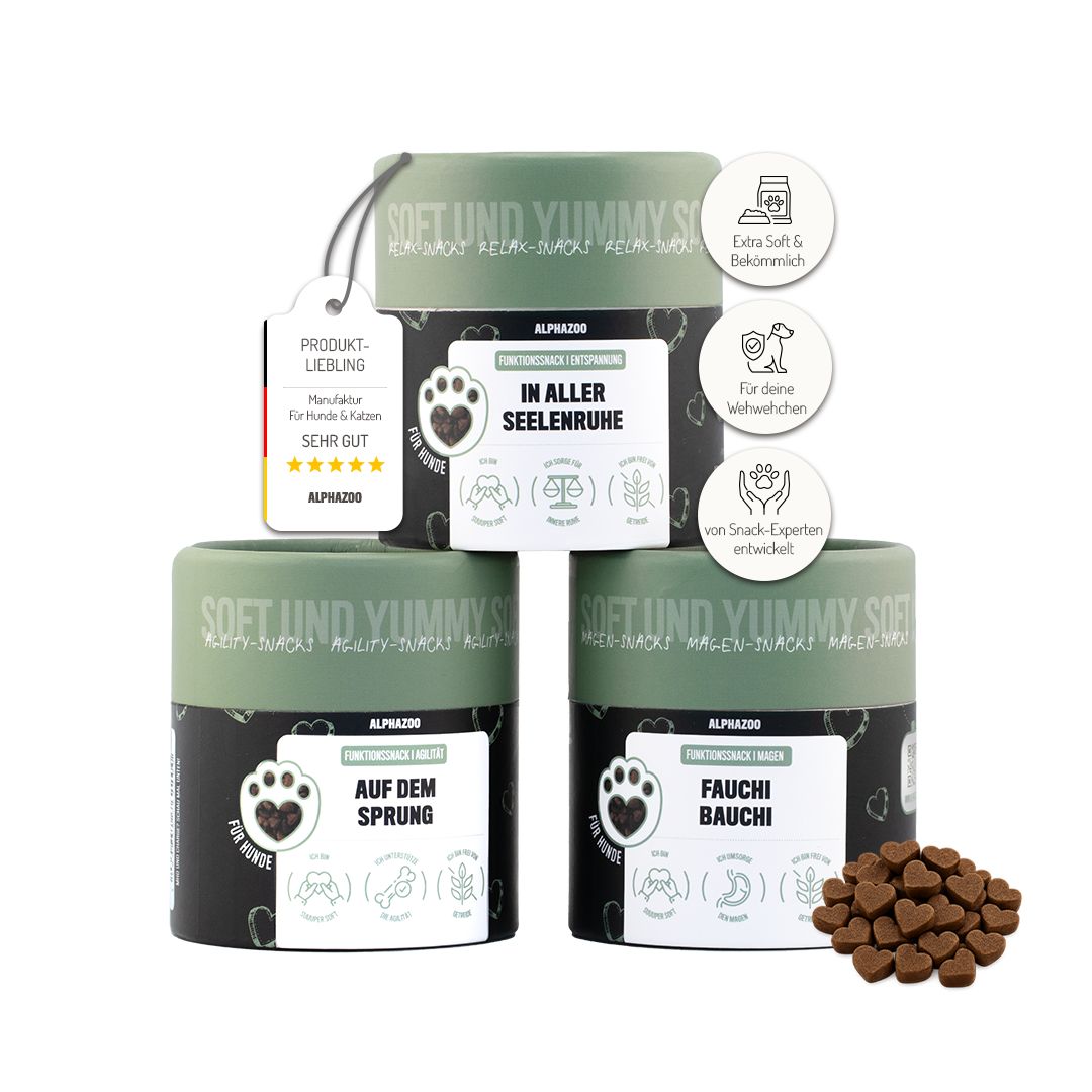 Alphazoo Probierset Funktion-Snacks: Entspannung, Magen, Agilität. 3 Dosen mit herzförmigen Snacks.