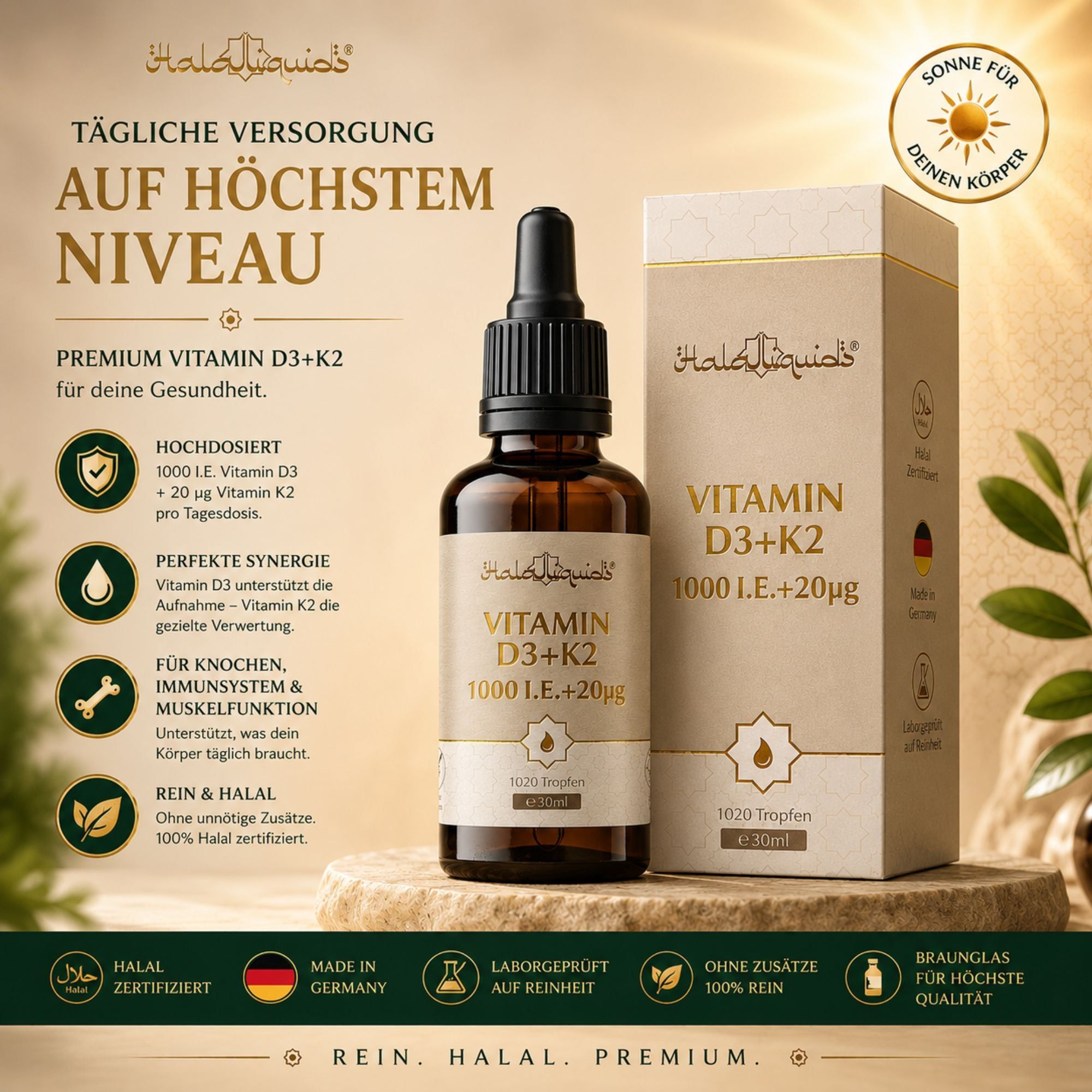 Flasche und Schachtel mit Vitamin D3+K2 Tropfen. Siegel: Halal, Made in Germany, Laborgeprüft, Ohne Zusätze, Braunglas.