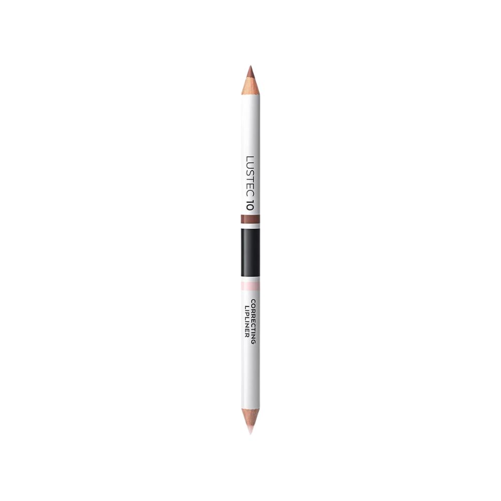 Doppel-Lipliner, weißer Stift mit brauner und rosa Spitze. Aufschrift: LUSTEC 10 und CORRECTING LIPLINER.