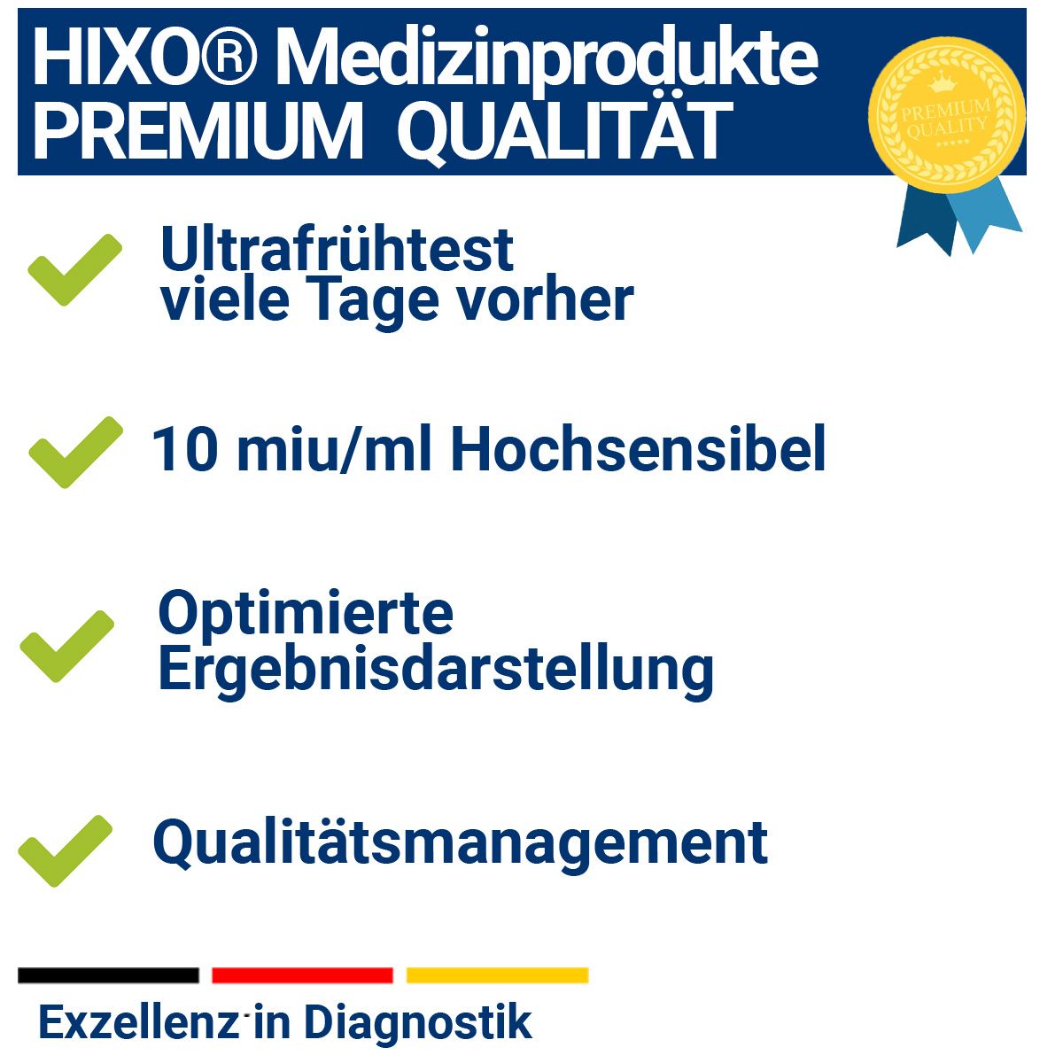 Blaues Feld mit Text: Premium Qualität. Text: Ultrafrühstest, 10 miu/ml hochsensibel, optimierte Ergebnisdarstellung, Qualitätsmanagement.