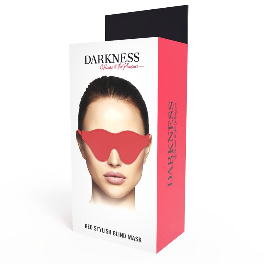 Verpackung mit roter Augenmaske. Verpackung mit Produktname, Gesicht einer Frau mit Maske und Text 'Red Stylish Blind Mask'.