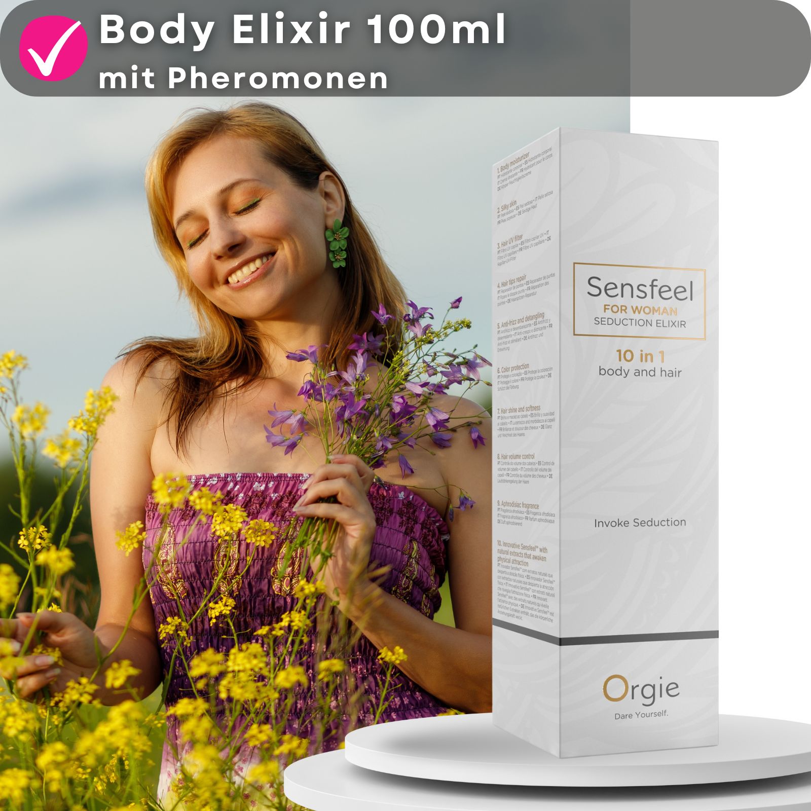Produkt und Verpackung neben Frau mit Blumen. Text: Body Elixir, mit Pheromonen. Marke Orgie. Produktname Sensfeel.