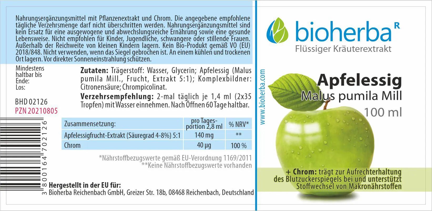 Etikett mit Produktinformationen. Apfelessig Malus pumila Mill. 100 ml Flasche. Bioherba Logo und grüne Apfel-Illustration.