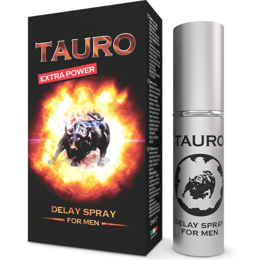 Schwarze Schachtel und silberne Sprühflasche. "TAURO EXTRA POWER"-Logo. Stier-Abbildung. "DELAY SPRAY FOR MEN".