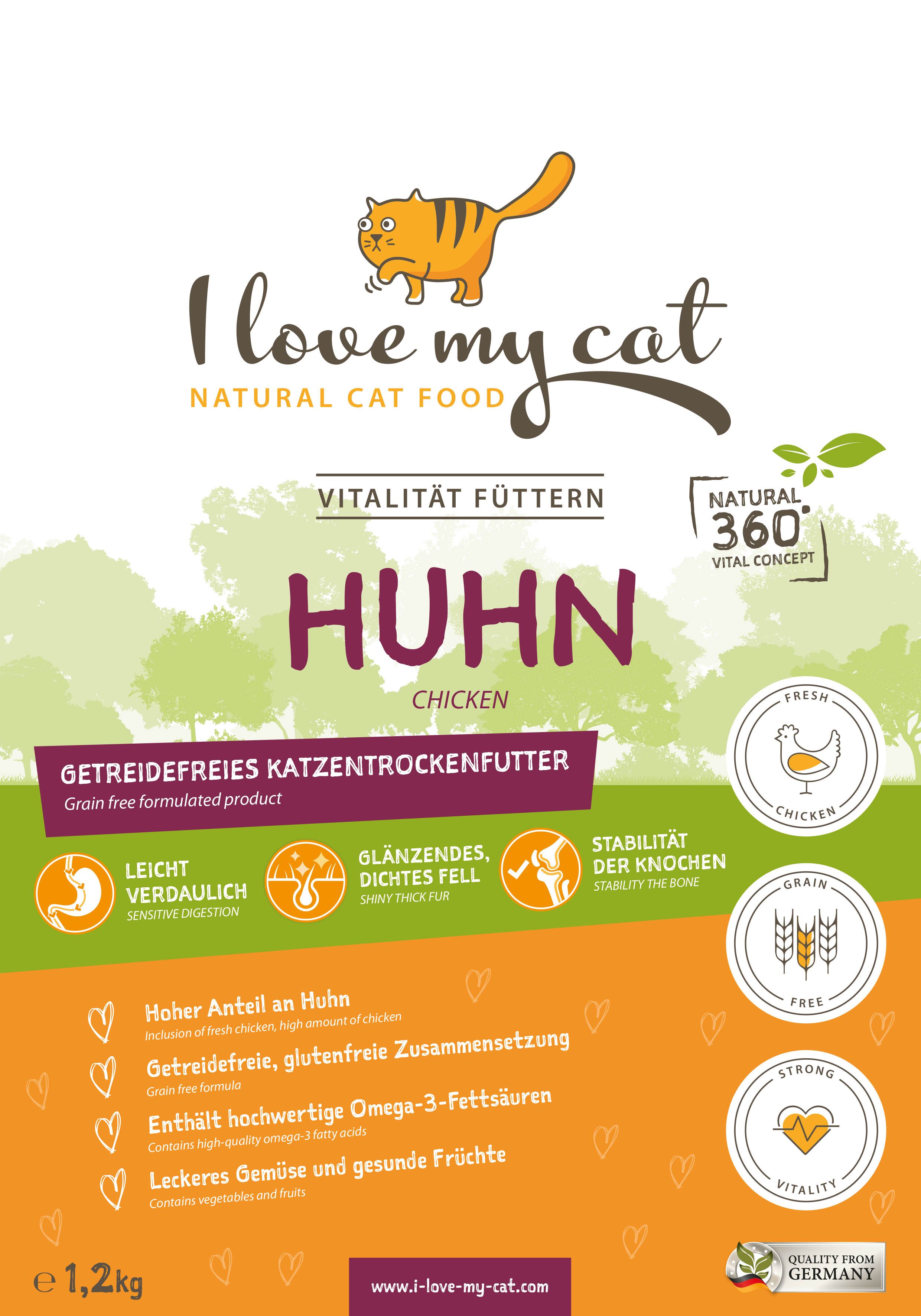 Beutel Trockenfutter mit Huhn. Marke: I love my cat. Orange-weißes Design. Text: Getreidefreies Katzen-Trockenfutter.
