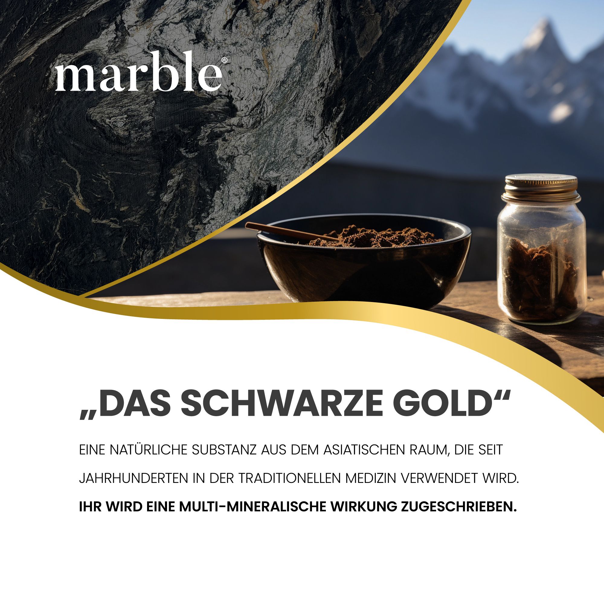 Schwarze Schale mit Pulver, Glas mit Pulver, Löffel. Text: „DAS SCHWARZE GOLD“. Natürliche Substanz aus dem asiatischen Raum.