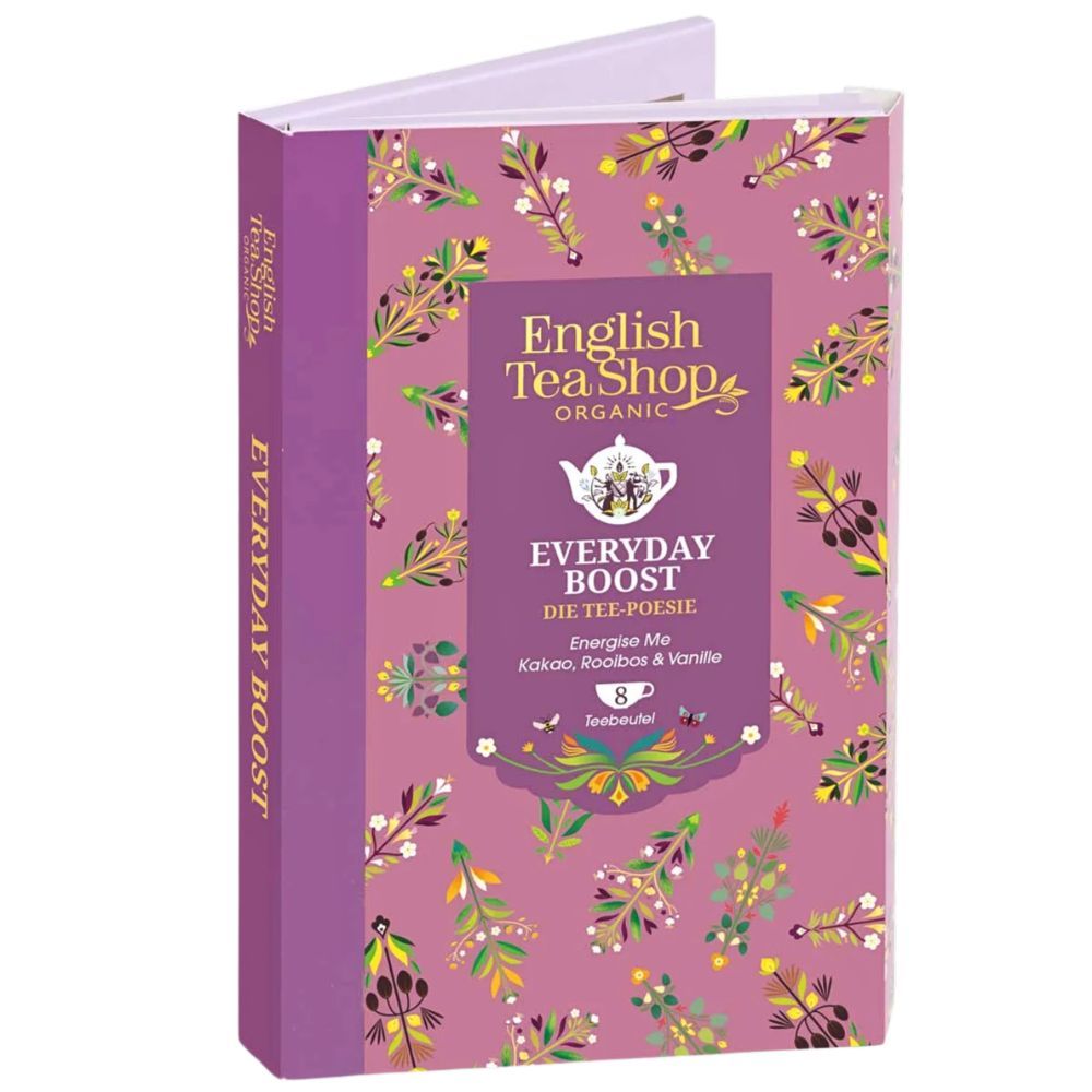 Geschenkbox in Buchform. Lila-rosa Design mit floralen Mustern. Aufschrift: Everyday Boost, English Tea Shop. 8 Teebeutel.