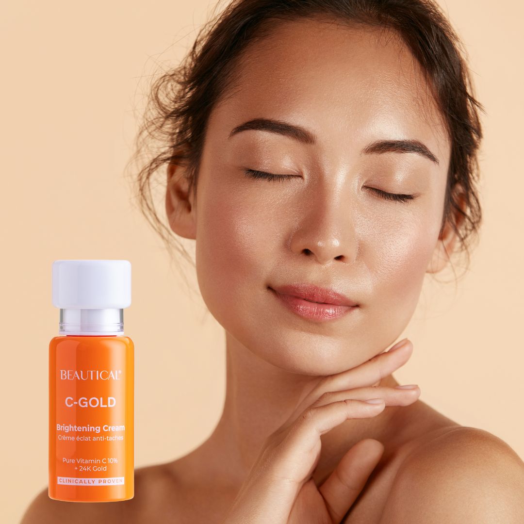 Frau mit geschlossenen Augen. Produktflasche: BEAUTICAL C-GOLD Brightening Cream.