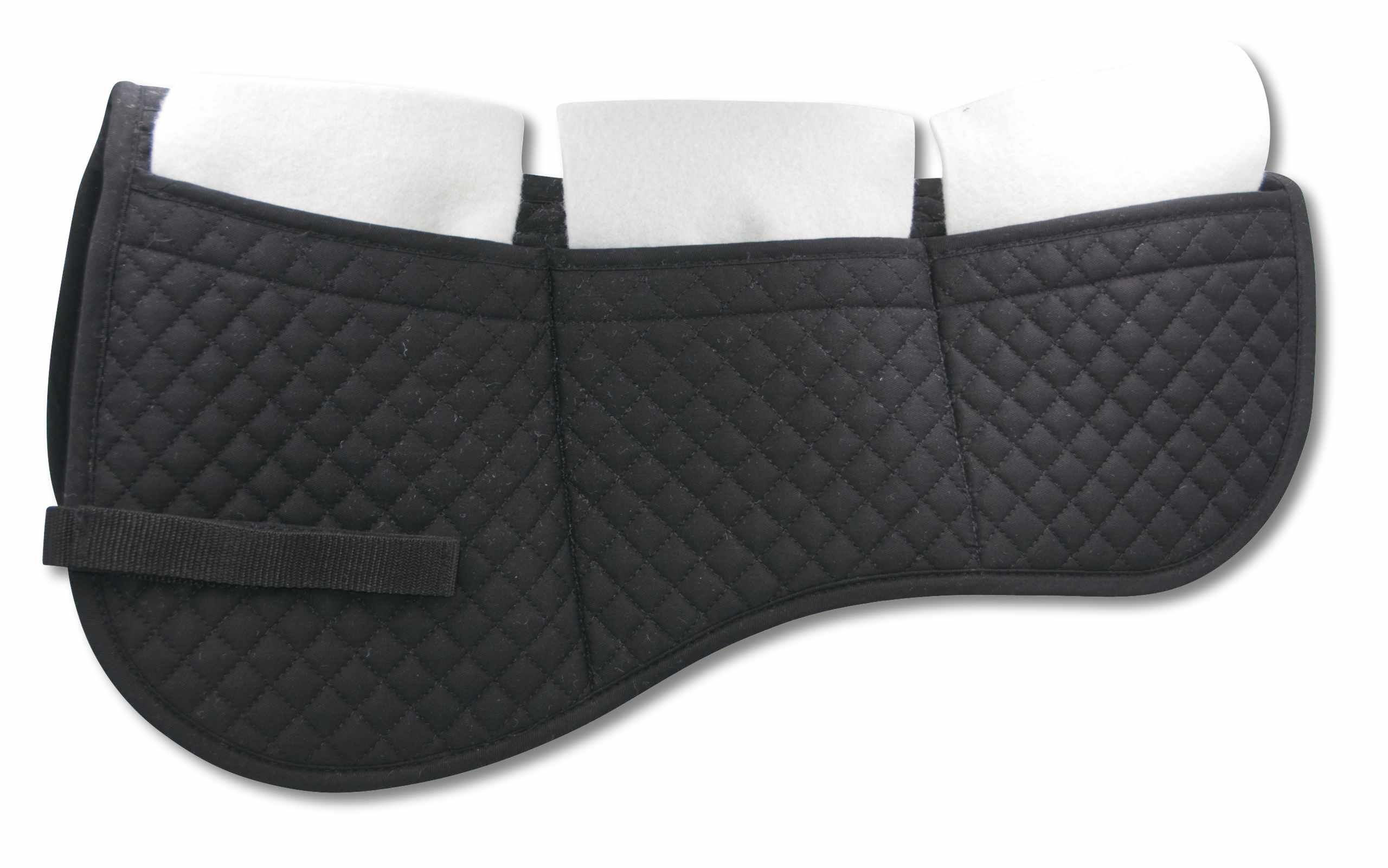 Schwarzes Sattelpad mit weißen Einsätzen und Klettverschluss. Drei weiße Einsätze sichtbar.