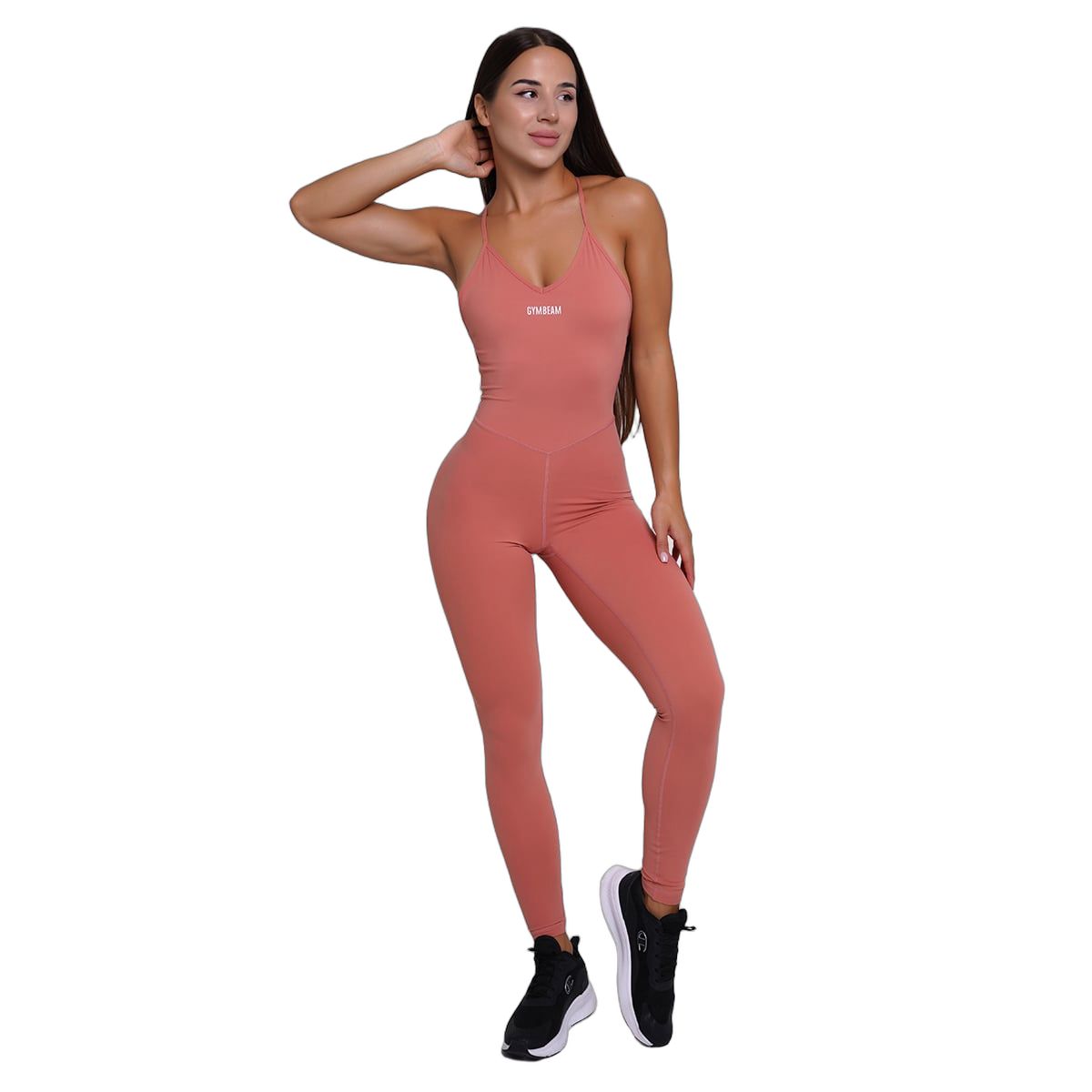 Damen-Jumpsuit in Lachsfarbe, Slim-Fit, mit V-Ausschnitt und Logo auf der Brust.