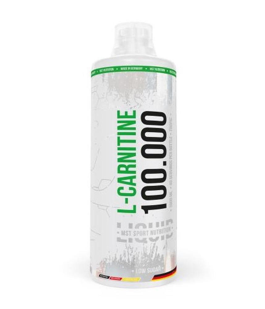 Zylindrische Flasche mit L-Carnitin 100.000 Liquid. Weißes Etikett mit grünen und schwarzen Akzenten. "Low Sugar"-Kennzeichnung.