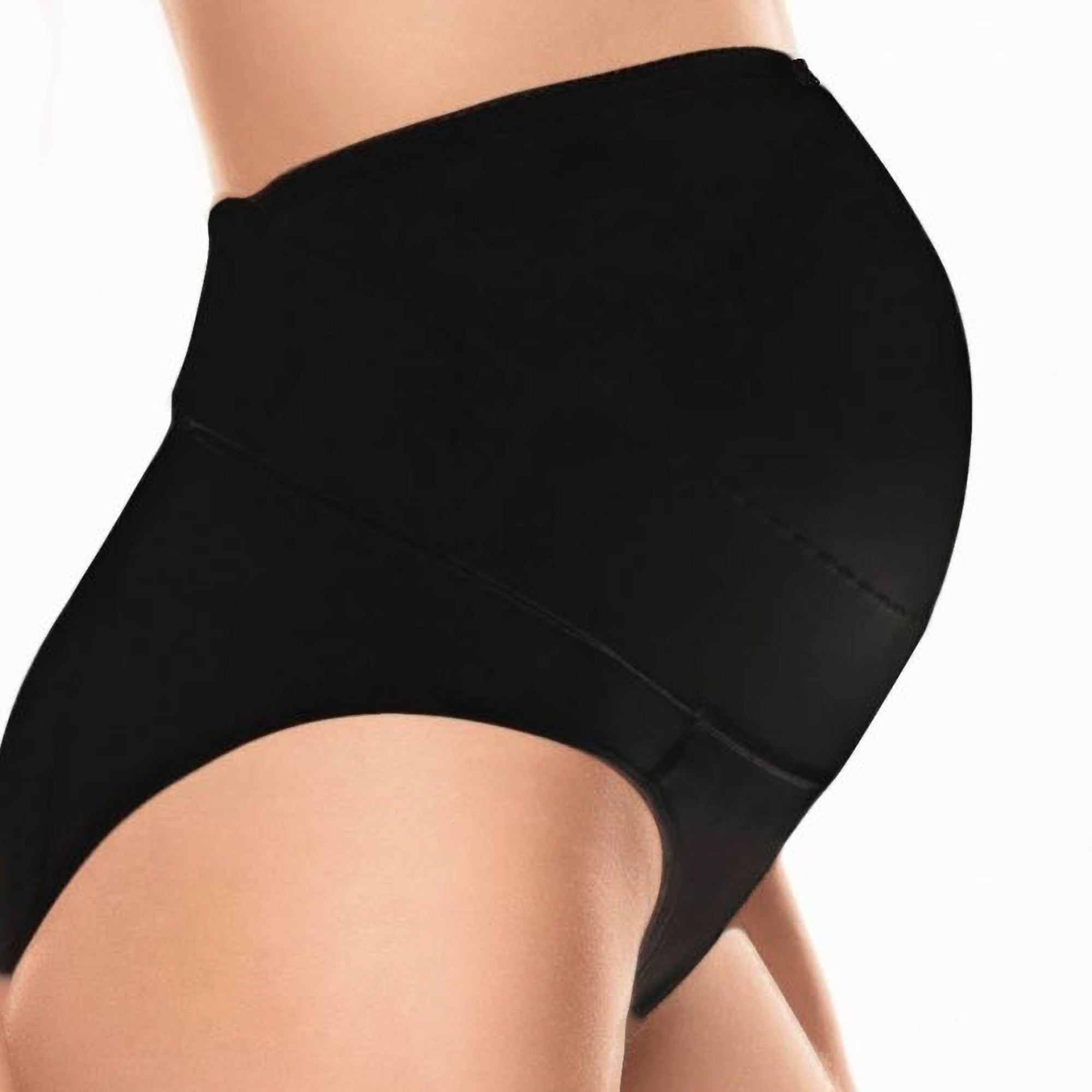 Schwarze Schwangerschafts-Hose. Hoher Bund, seitliche Verstärkung. Blick auf den Bauch einer Person.