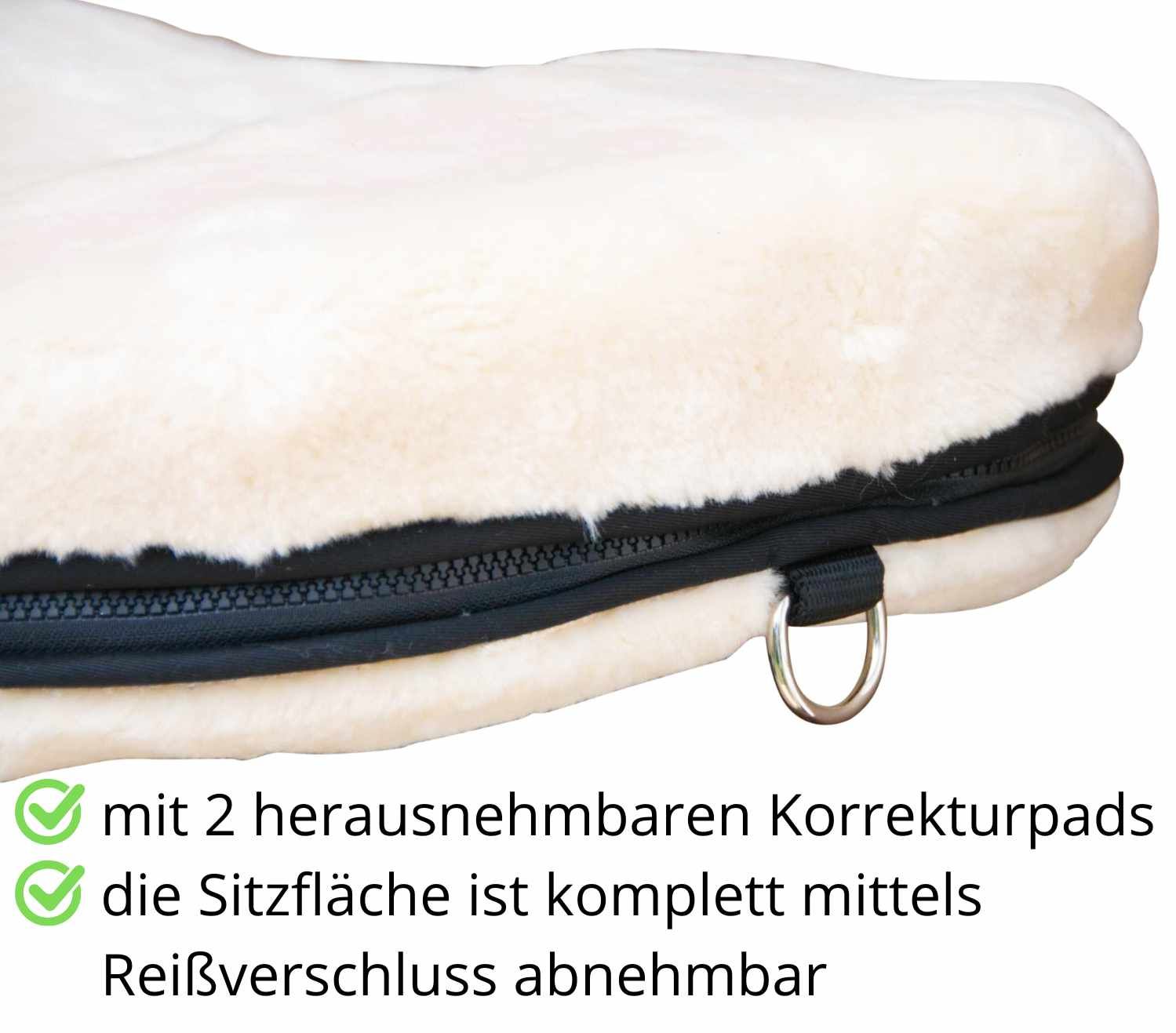Detailansicht des Sattels. 2 herausnehmbare Korrekturpads. Sitzfläche mit Reißverschluss abnehmbar.