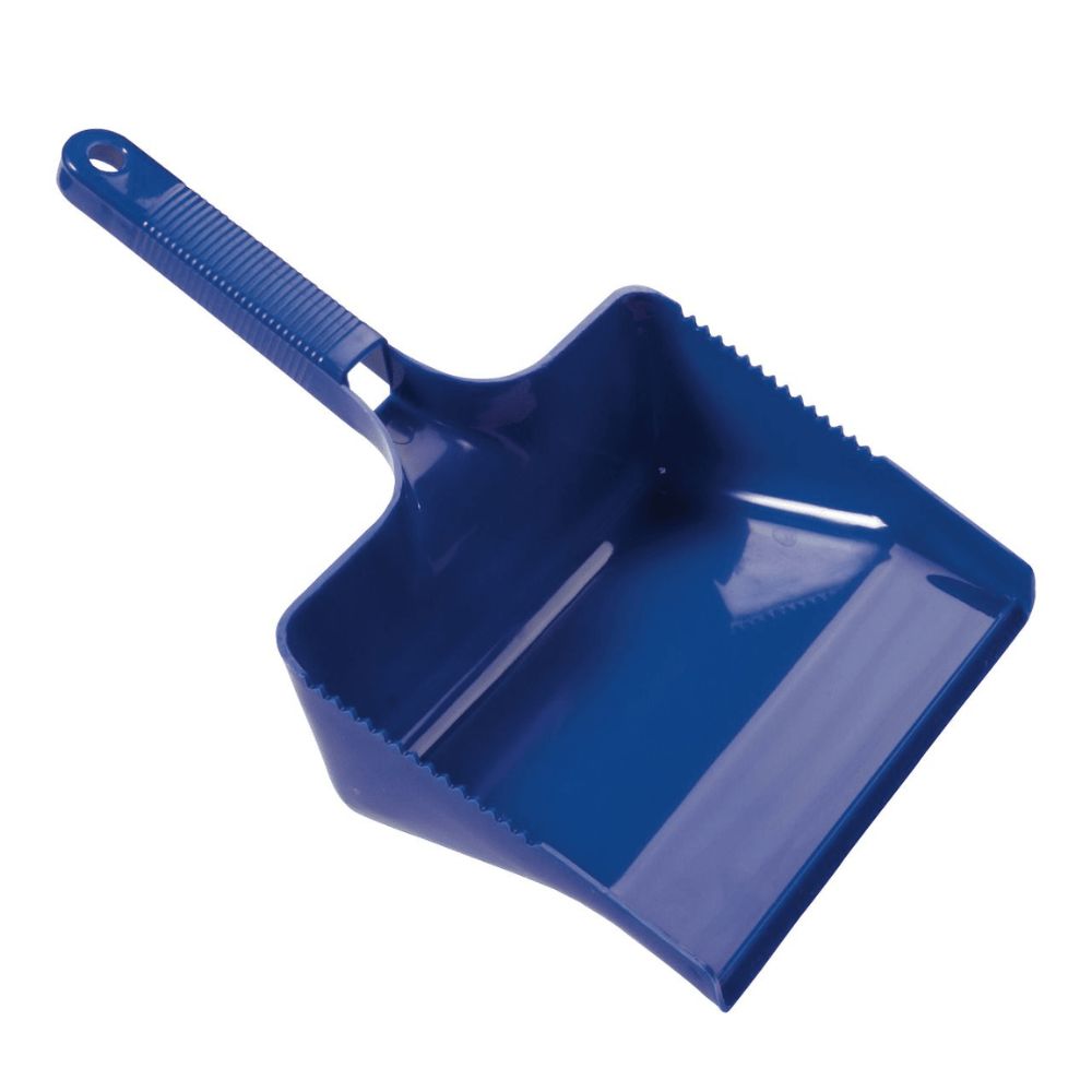 Blaue Eckschaufel mit Besenkamm und geriffeltem Griff.