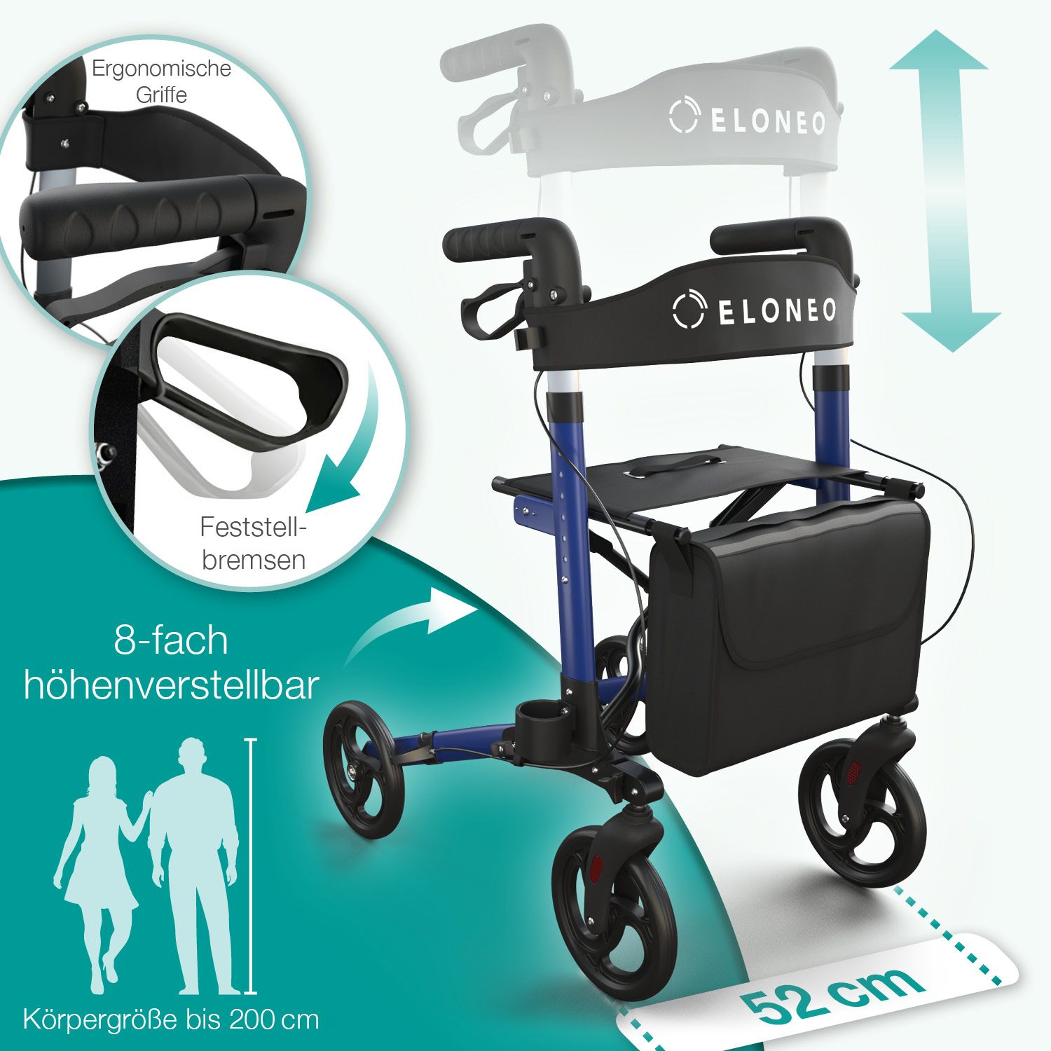 Blauer Rollator, höhenverstellbar. Ergonomische Griffe, Feststellbremsen. Text: "8-fach höhenverstellbar", 52 cm.