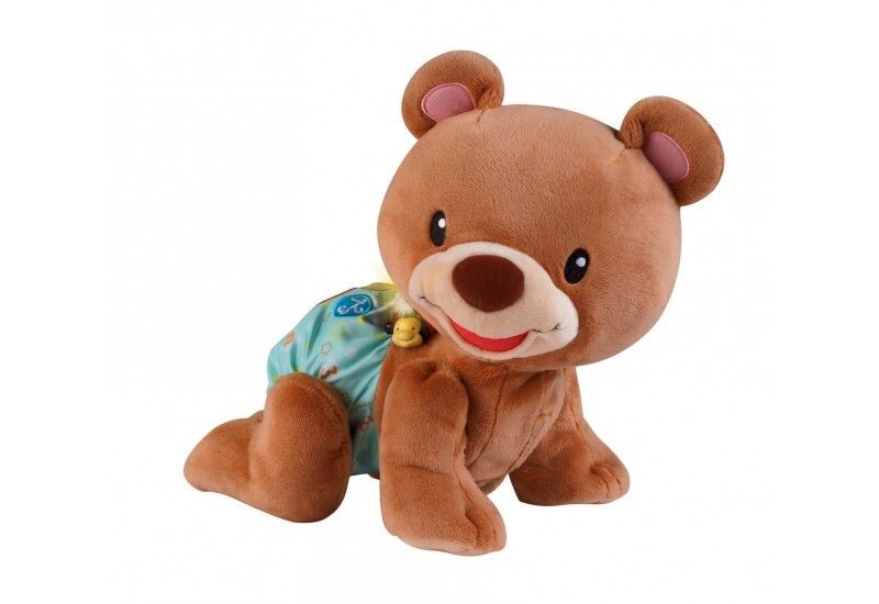 Brauner Krabbelbär mit blauer Windel. Gelbes Accessoire am Hals. Ohren und Nase rosa. Augen und Mund aufgemalt.