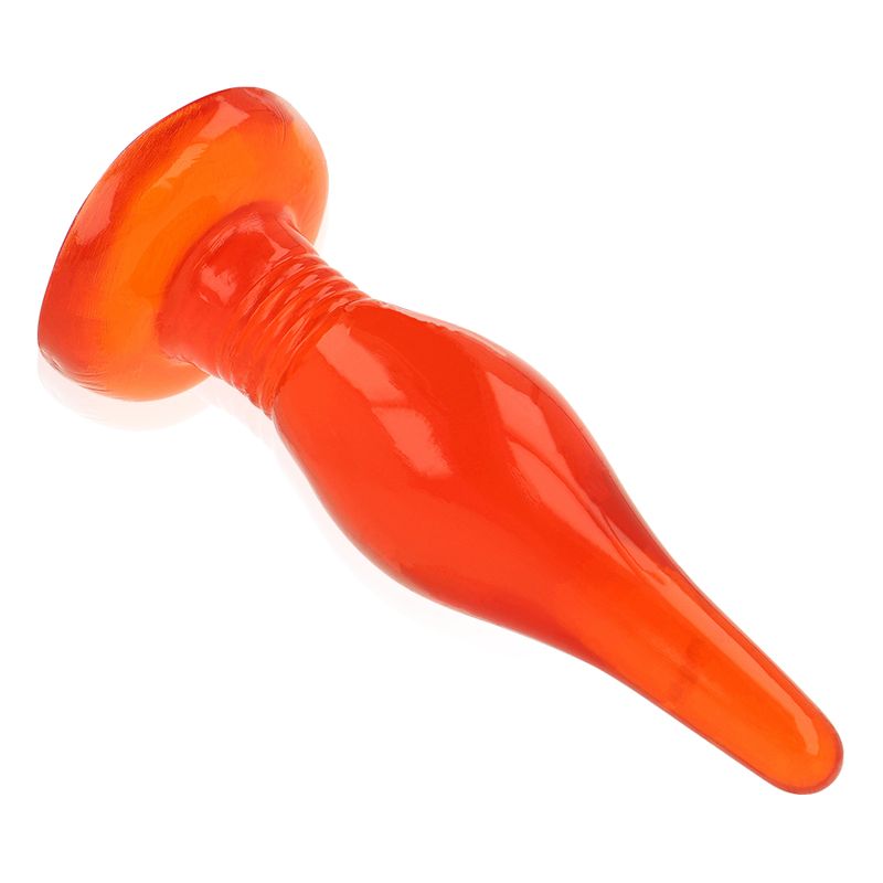 Orangefarbener Analplug mit gerilltem Hals und breiter, flacher Basis.