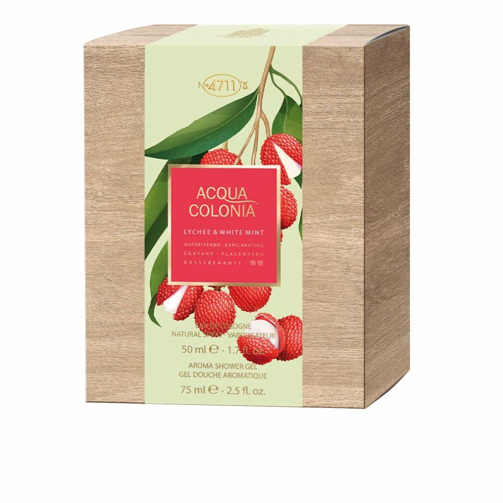 Kartonverpackung mit Produktabbildung. Roter Schriftzug 'Acqua Colonia Lychee & White Mint'. Lychee-Früchte und Blätter.