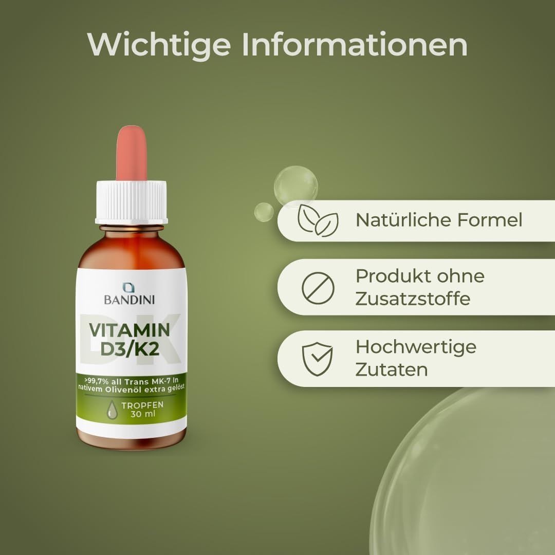 Braune Tropfflasche mit Pipette, Bandini Vitamin D3/K2, 30 ml.
