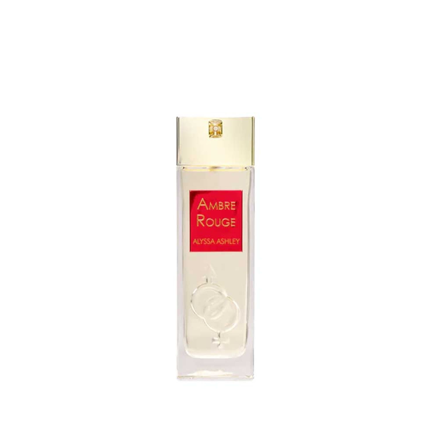 Alyssa Ashley Ambre Rouge Edp Spray. Rechteckige Flasche mit goldfarbenem Deckel. Rotes Etikett mit Produktnamen. Unterhalb des Etiketts ist ein Symbol abgebildet.