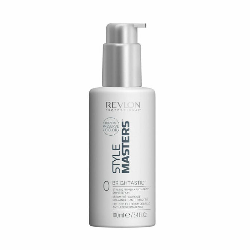 Weiße Flasche mit silbernem Pumpkopf. Beschriftung: Revlon Style Masters, Brightastic, 100ml/3.4 fl oz.