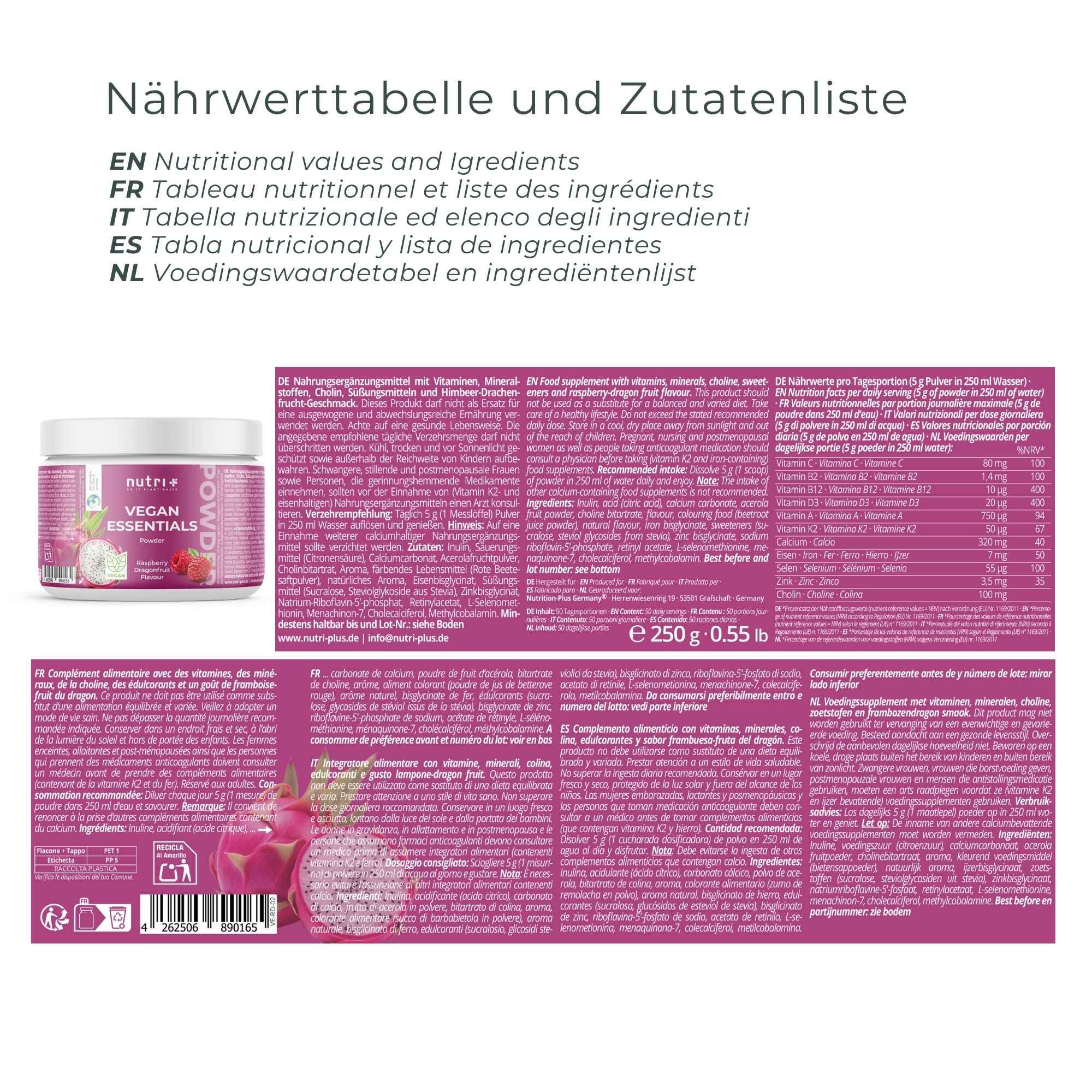 Nutri+ Vegan Essentials Pulver: Vergleich mit ähnlichen Produkten. Vorteile: feines Pulver, gute Löslichkeit, deutsche Produktion.
