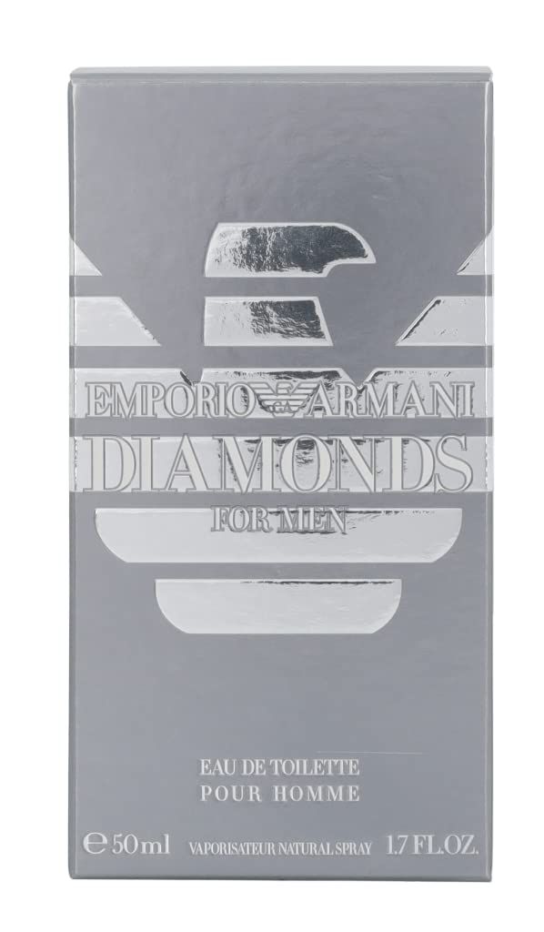 Graue Verpackung mit silbernem Logo und Schriftzug: EMPORIO ARMANI DIAMONDS FOR MEN. Eau de Toilette.