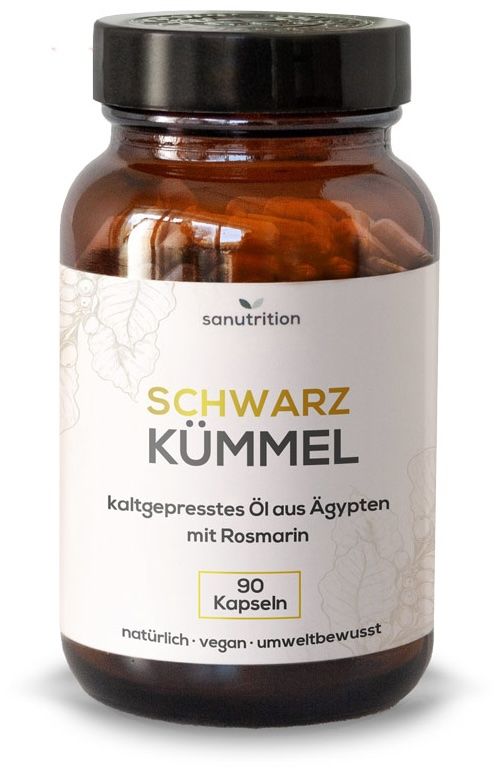 Braune Glasflasche mit schwarzen Kapseln. Aufschrift: SCHWARZ KÜMMEL, kaltgepresstes Öl aus Ägypten mit Rosmarin. 90 Kapseln.