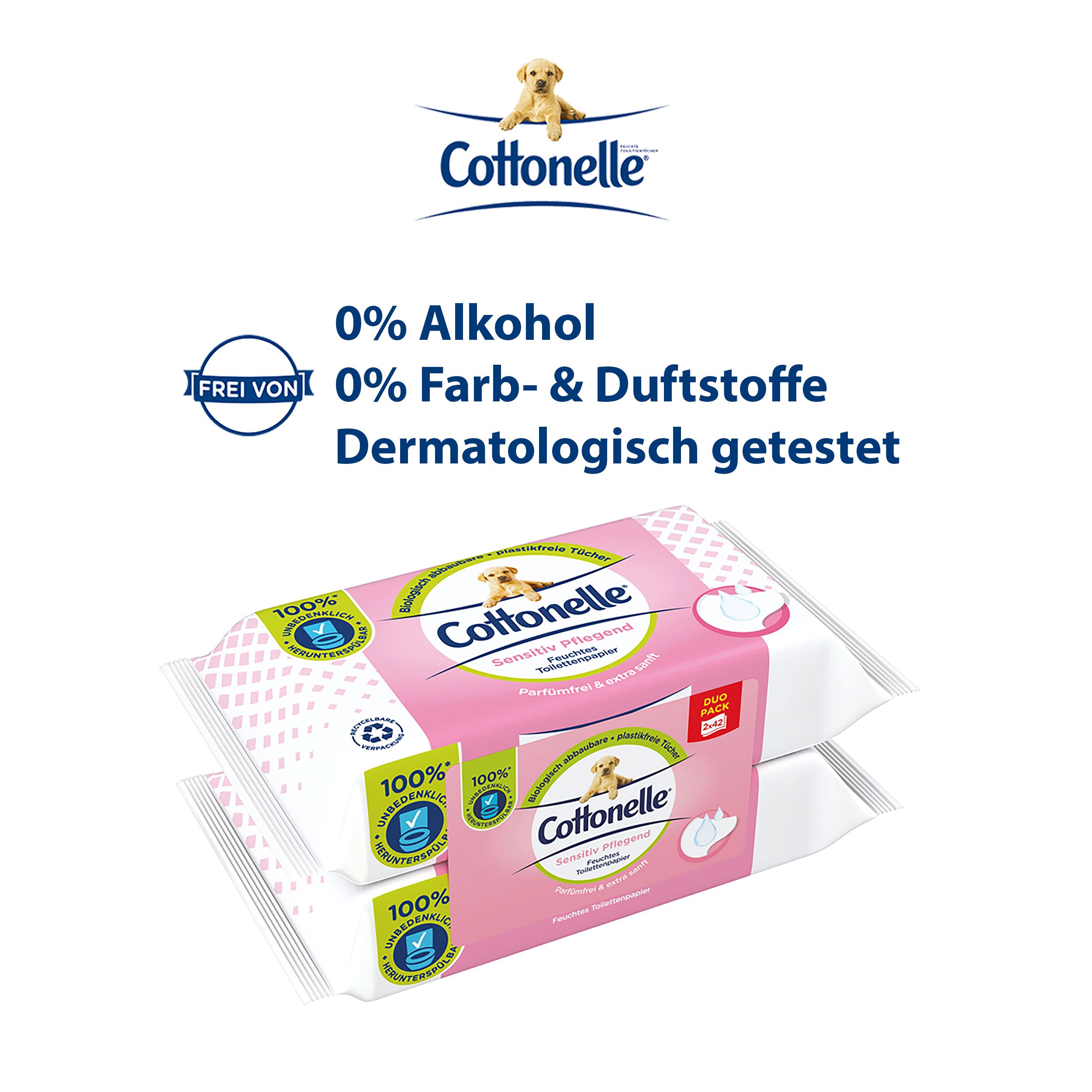 Cottonelle Feuchttücher Duo-Pack. Rosa Verpackung mit Welpen-Motiv. 0% Alkohol, 0% Farb- und Duftstoffe. Dermatologisch getestet.