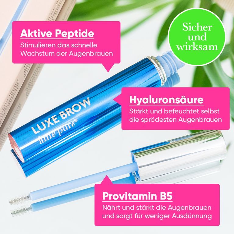 Blauer Flakon mit Augenbrauenserum und Applikator. Beschriftung: Luxe Brow.
