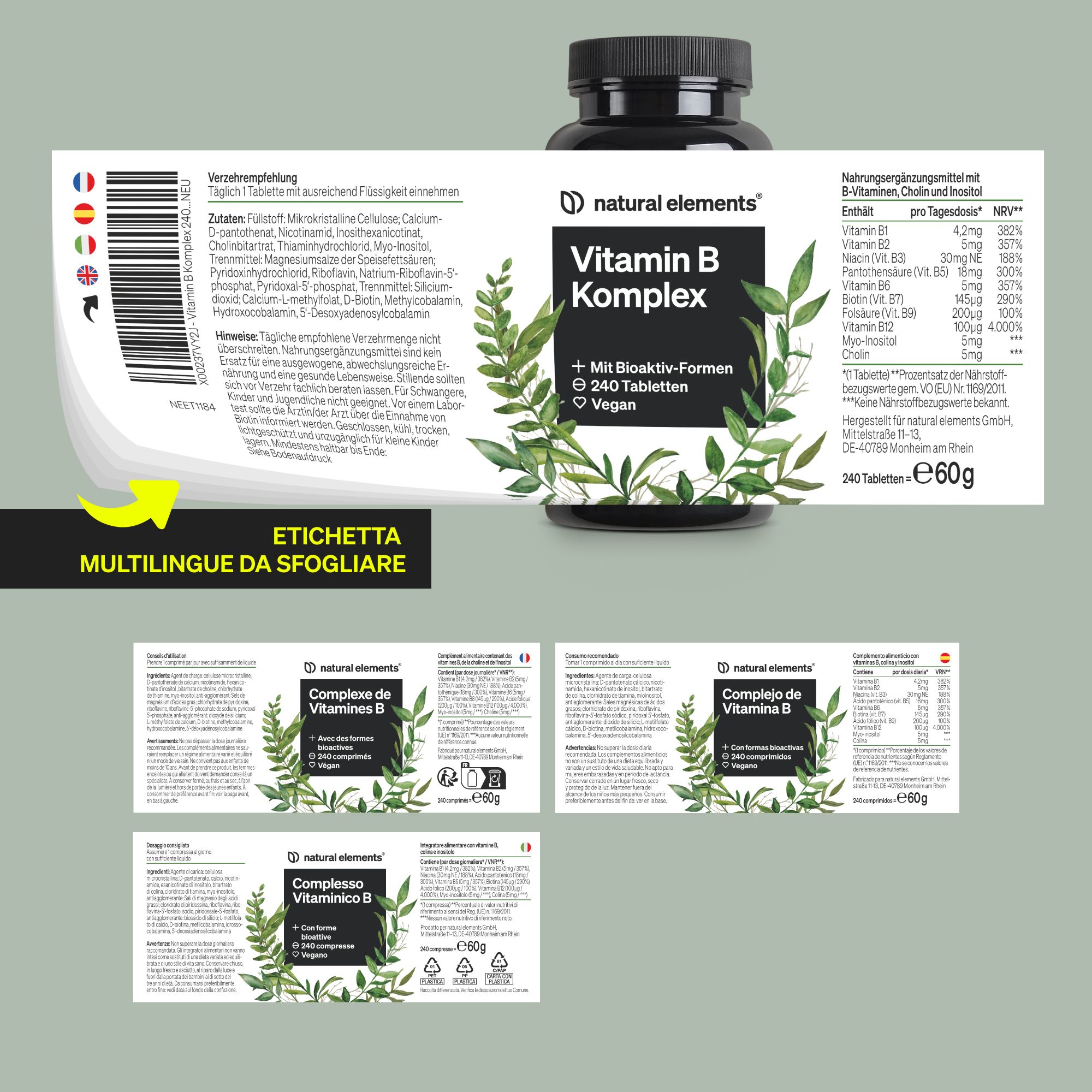 Etikett für Natural Elements Vitamin B Komplex, 240 Tabletten, vegan, mit Bioverfügbarkeitsangaben.
