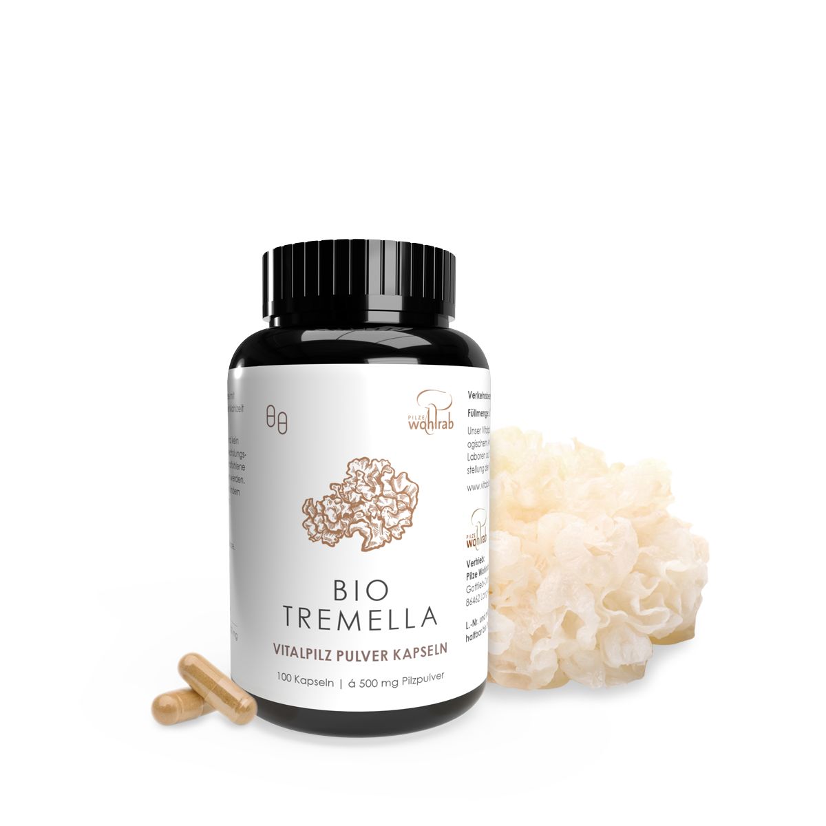 Eine schwarze Flasche mit weißem Etikett und braunen Kapseln. Daneben ein weißer Pilz. Auf dem Etikett steht "BIO TREMELLA Vitalpilz Pulver Kapseln".