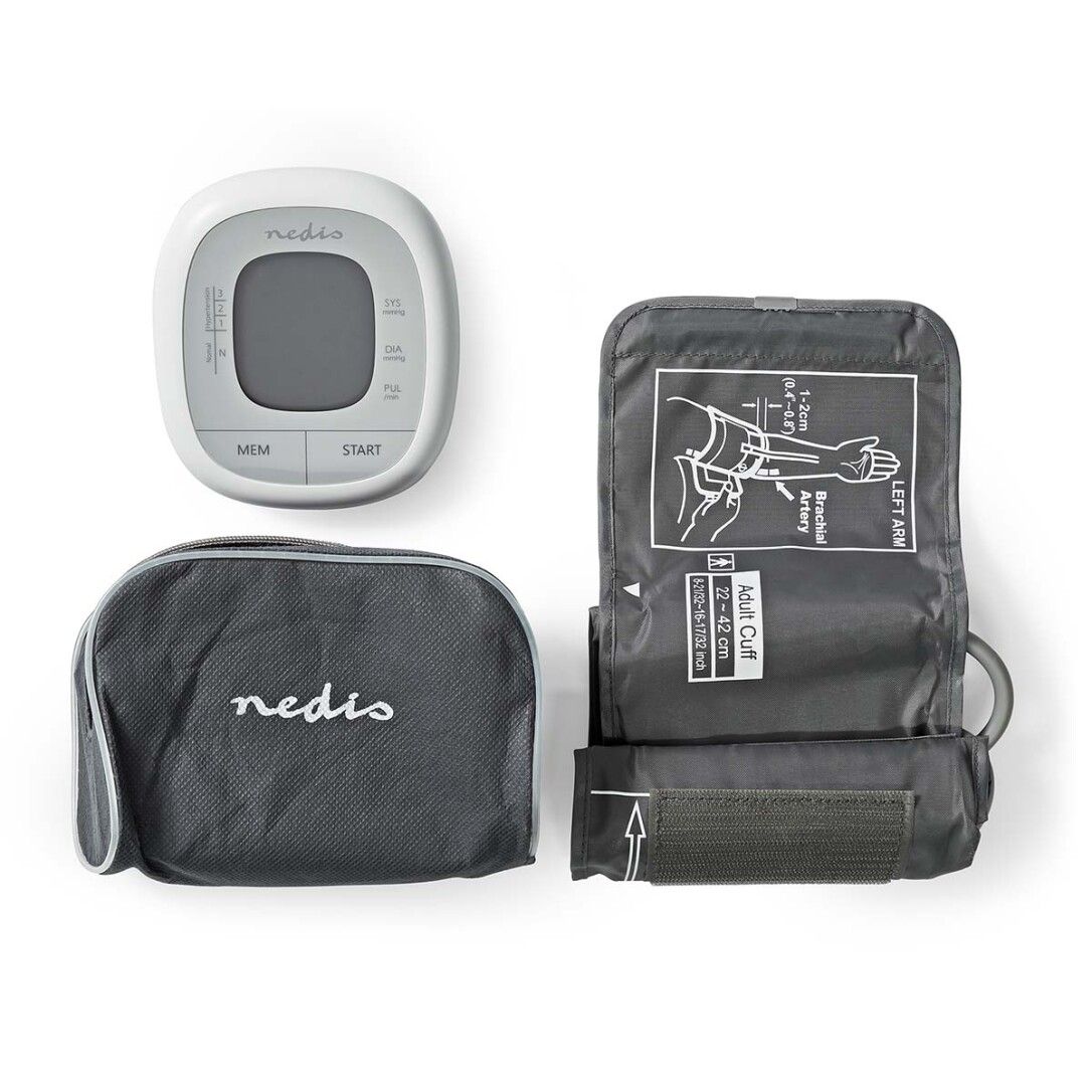 Blutdruckmessgerät, graues Armband, und graue Tasche. Gerät mit Display und Knöpfen: MEM und START. Marke: Nedis.