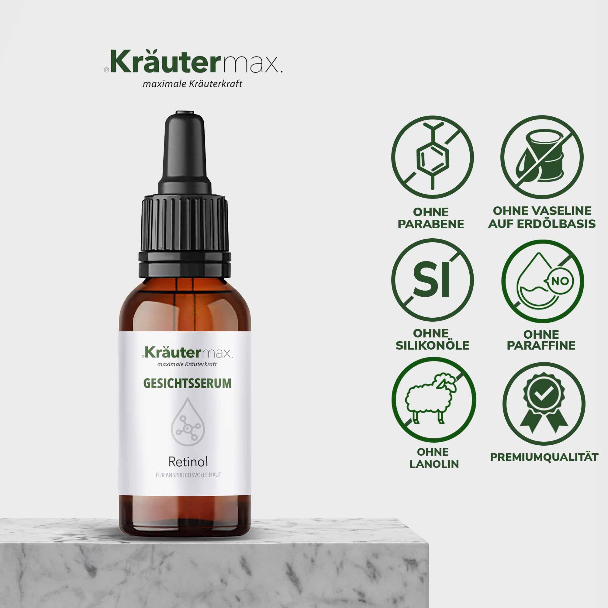 Braune Glasflasche mit schwarzem Tropfer. Etikett mit Produktname und Logo. Symbole: Ohne Parabene, Vaseline, Silikone, Paraffine, Lanolin.