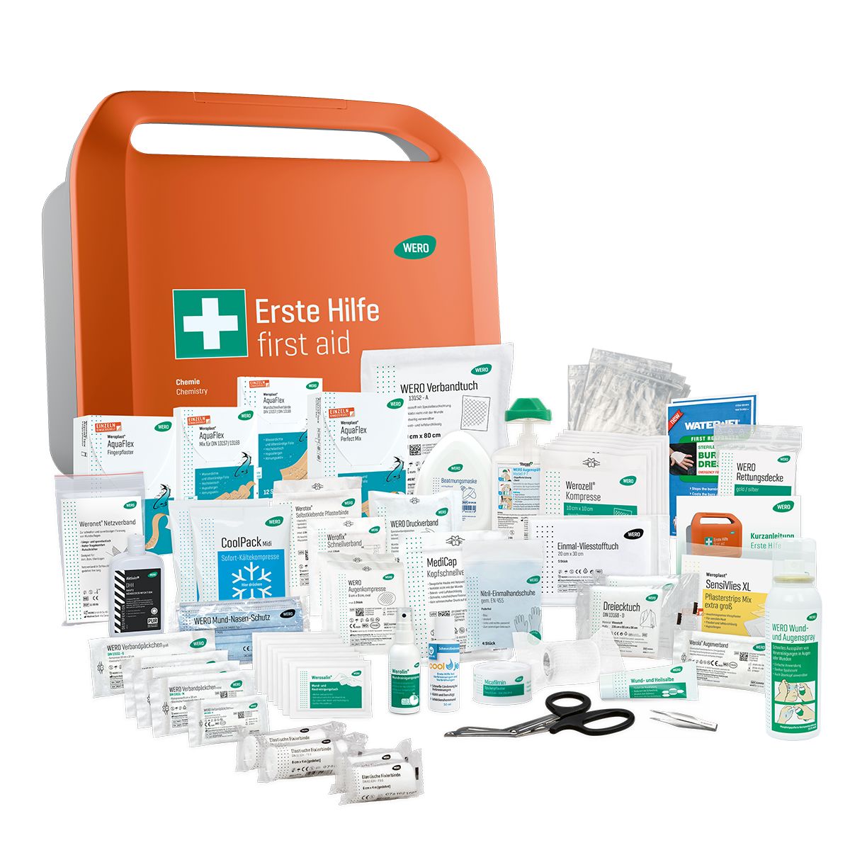 Erste-Hilfe-Koffer mit umfangreichem Inhalt. Viele medizinische Produkte, Verbandsmaterial und Zubehör. Marke WERO.
