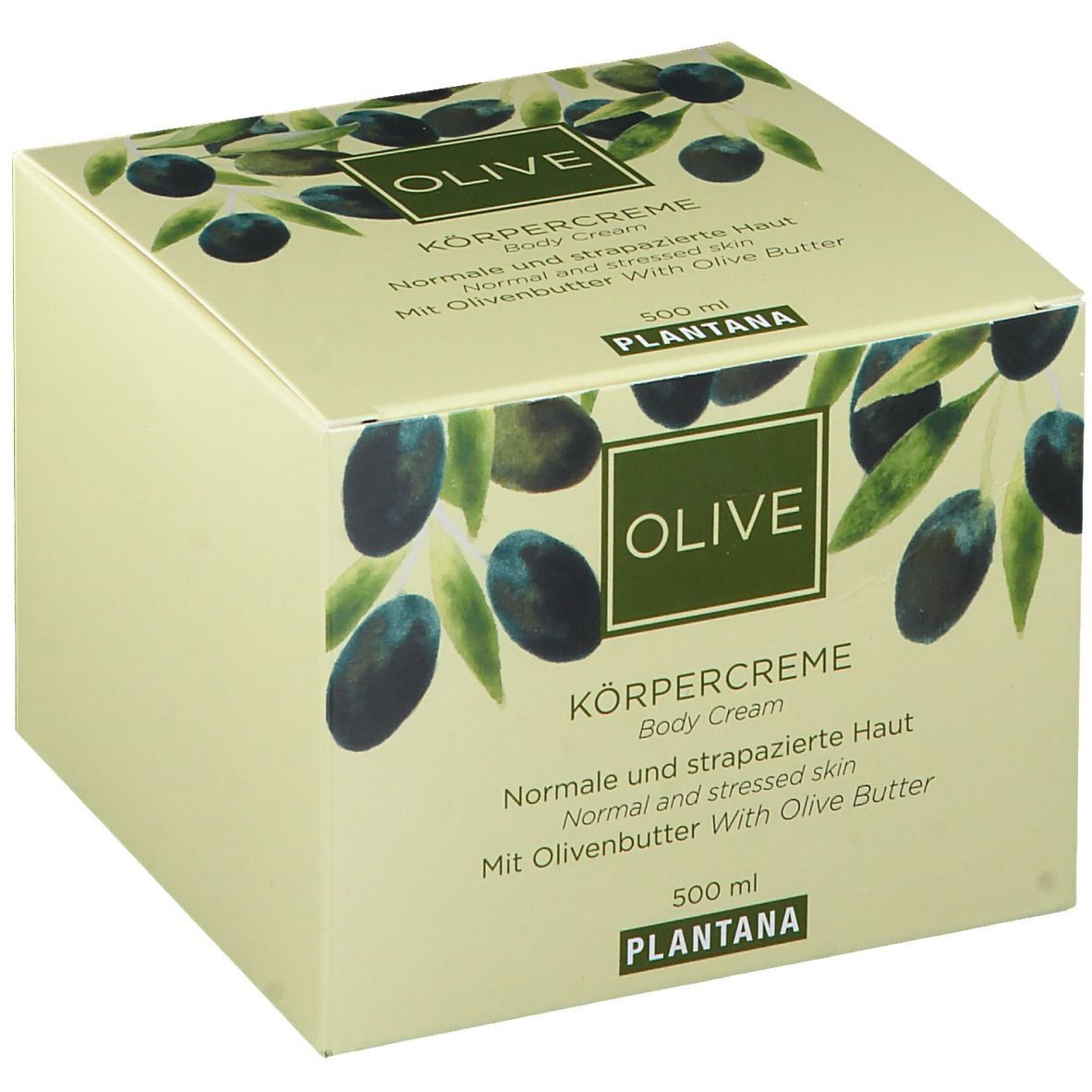 Beige Kartonverpackung mit Oliven-Illustrationen. Text: OLIVE Körpercreme, PLANTANA. Für normale und strapazierte Haut.