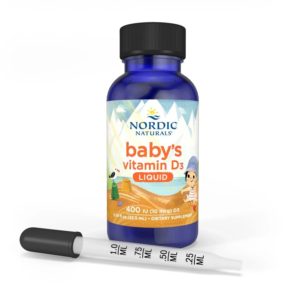NORDIC NATURALS Baby Vitamin D3 Liquid in einer blauen Glasflasche mit Pipette. 400 IE.