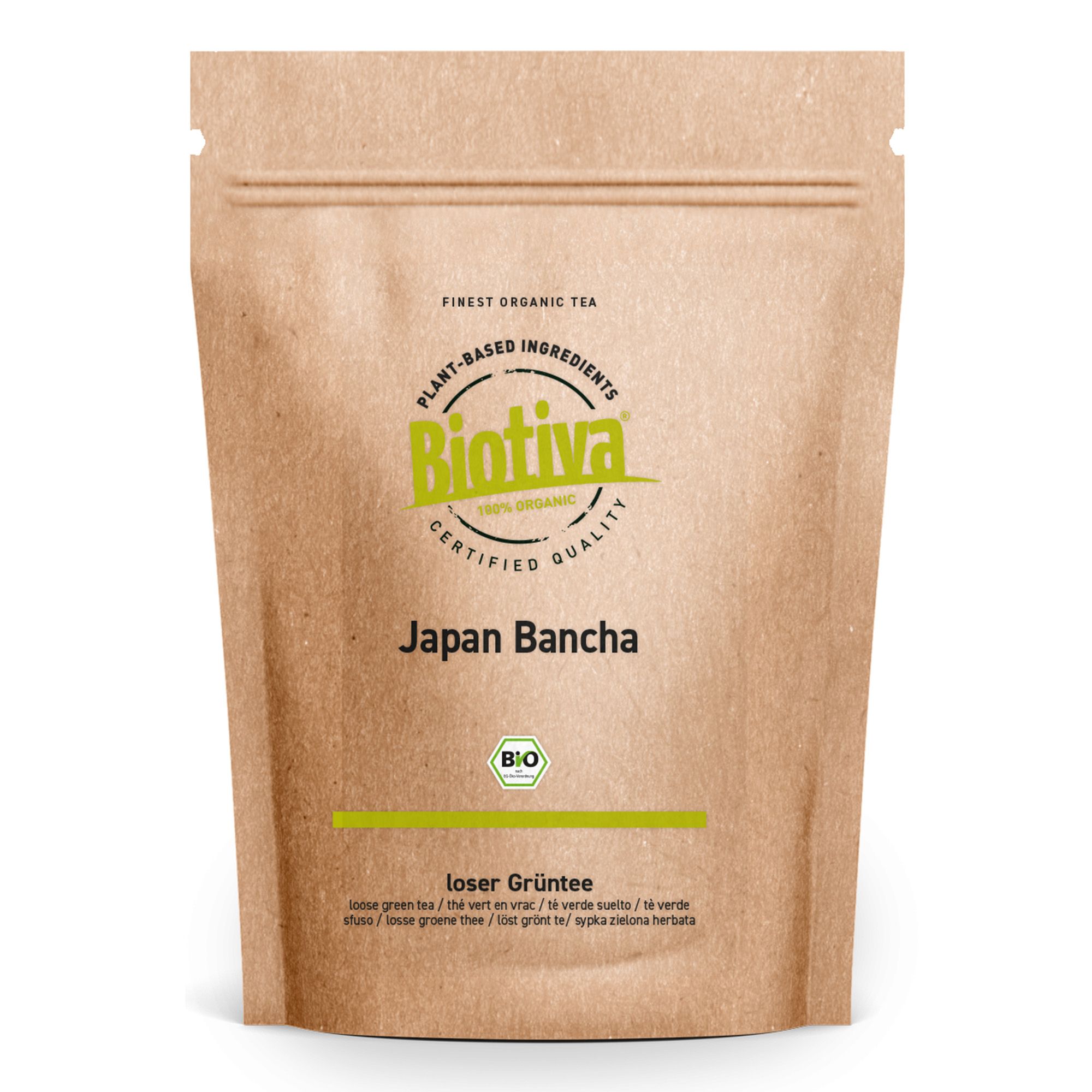 Braune Papiertüte mit Text und Logo. Text: 'Japan Bancha' und 'loser Grüntee'. Bio-Siegel.