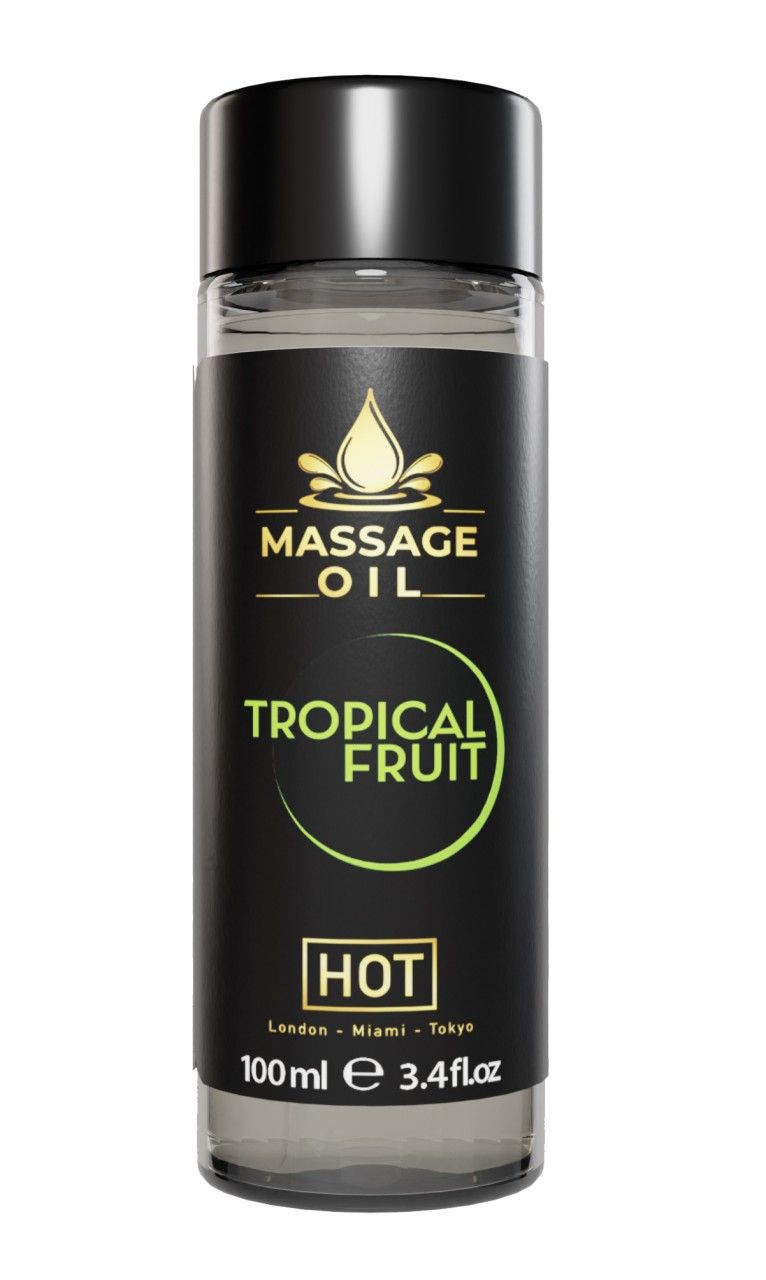 Zylindrische Flasche mit schwarzem Deckel. Etikett mit Produktname: MASSAGE OIL Tropical Fruit. Volumen: 100ml.