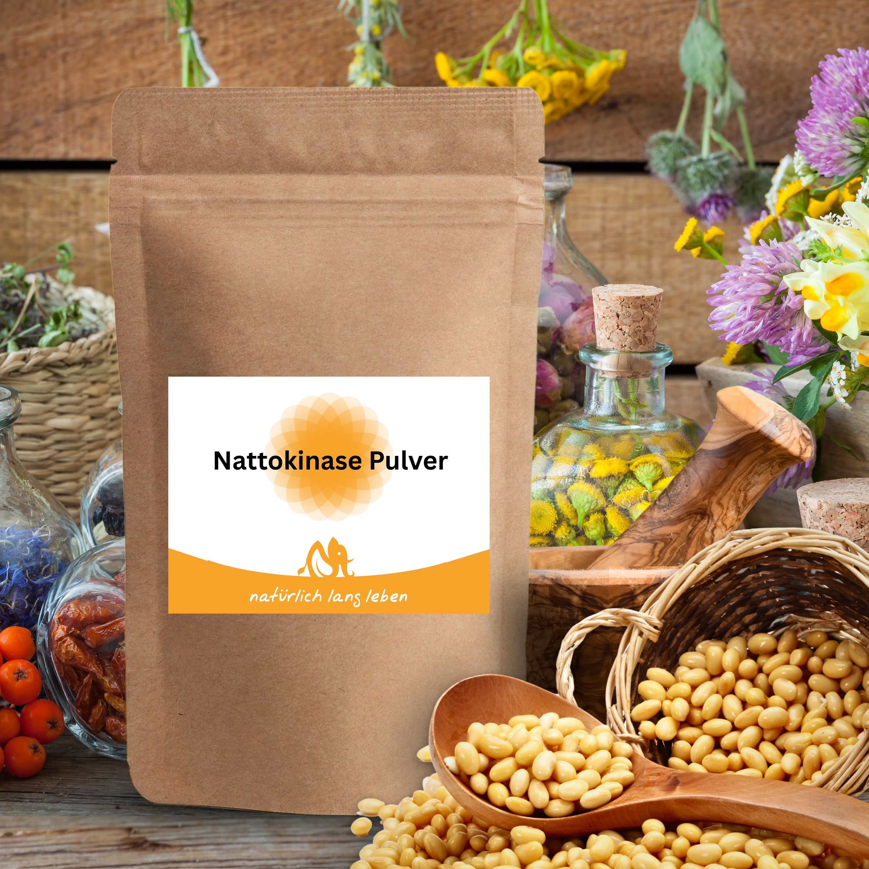Brauner Standbeutel mit Etikett. Aufschrift: Nattokinase Pulver, natürlich lang leben. Umgeben von Zutaten und Dekoration.