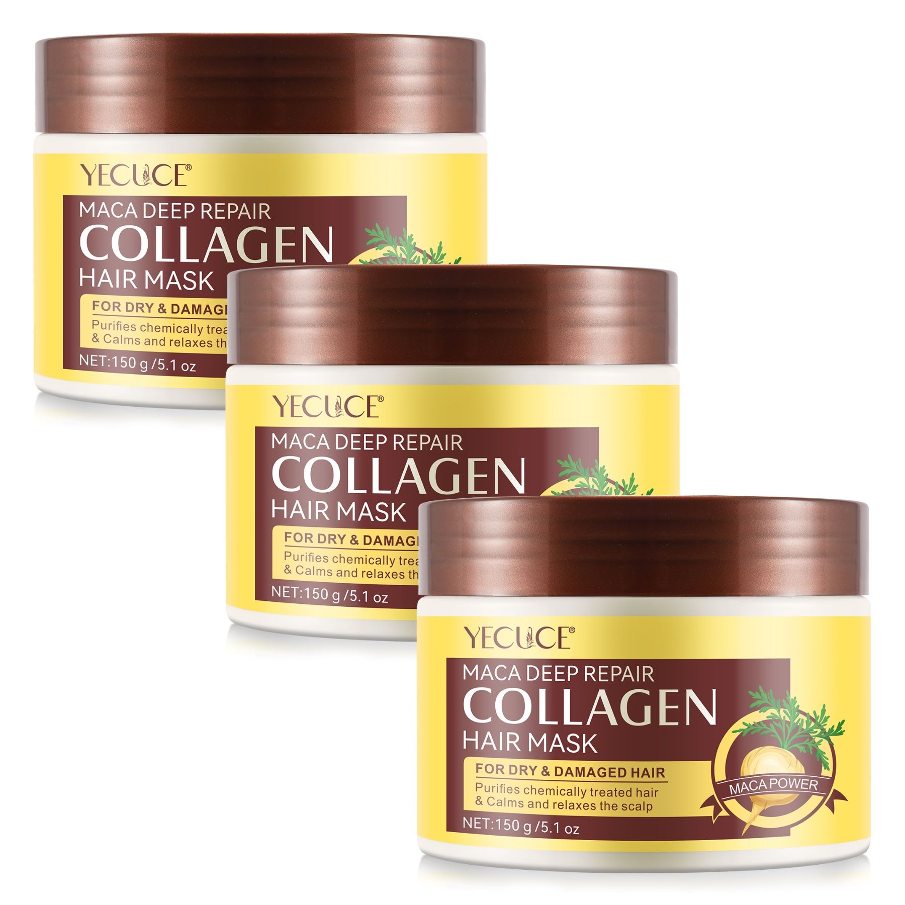 Drei Tiegel Haarmaske. Gelbe Etiketten mit Schriftzug und Logo. Braune Deckel. Produktname: MACA DEEP REPAIR COLLAGEN HAIR MASK.