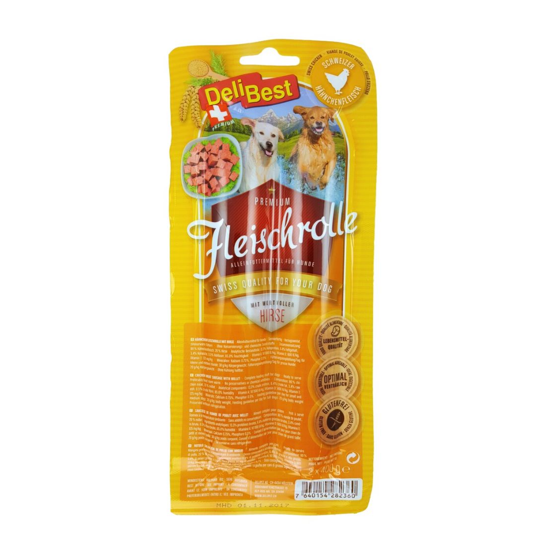 Gelbe Verpackung mit Fleischrolle. Logo DeliBest, Hunde, Fleischrolle, Schweizer Hähnchen mit Hirse. Siegel: Premium, Optimal, Klassisch.