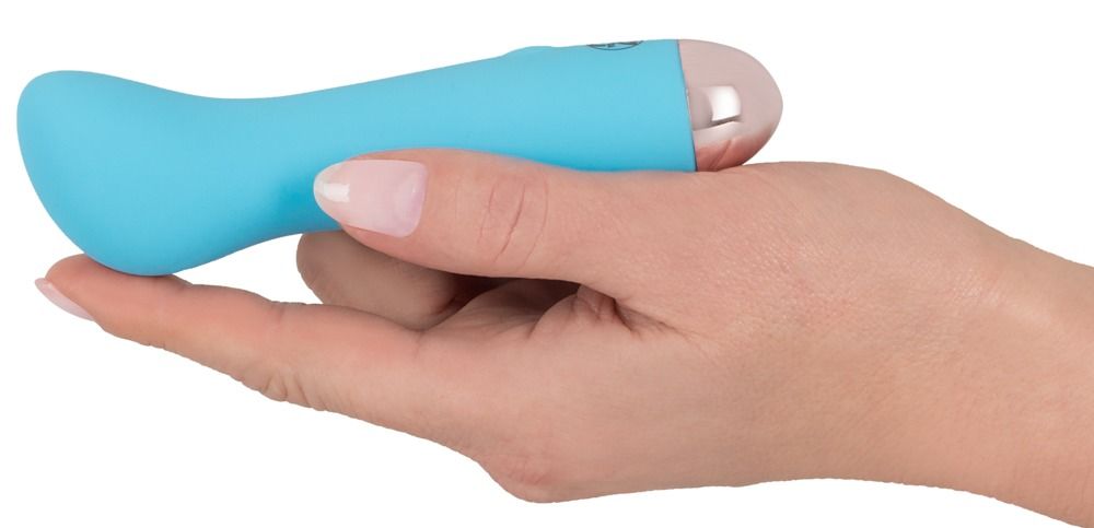 Verpackung eines blauen Mini-Vibrators mit Produktmerkmalen.