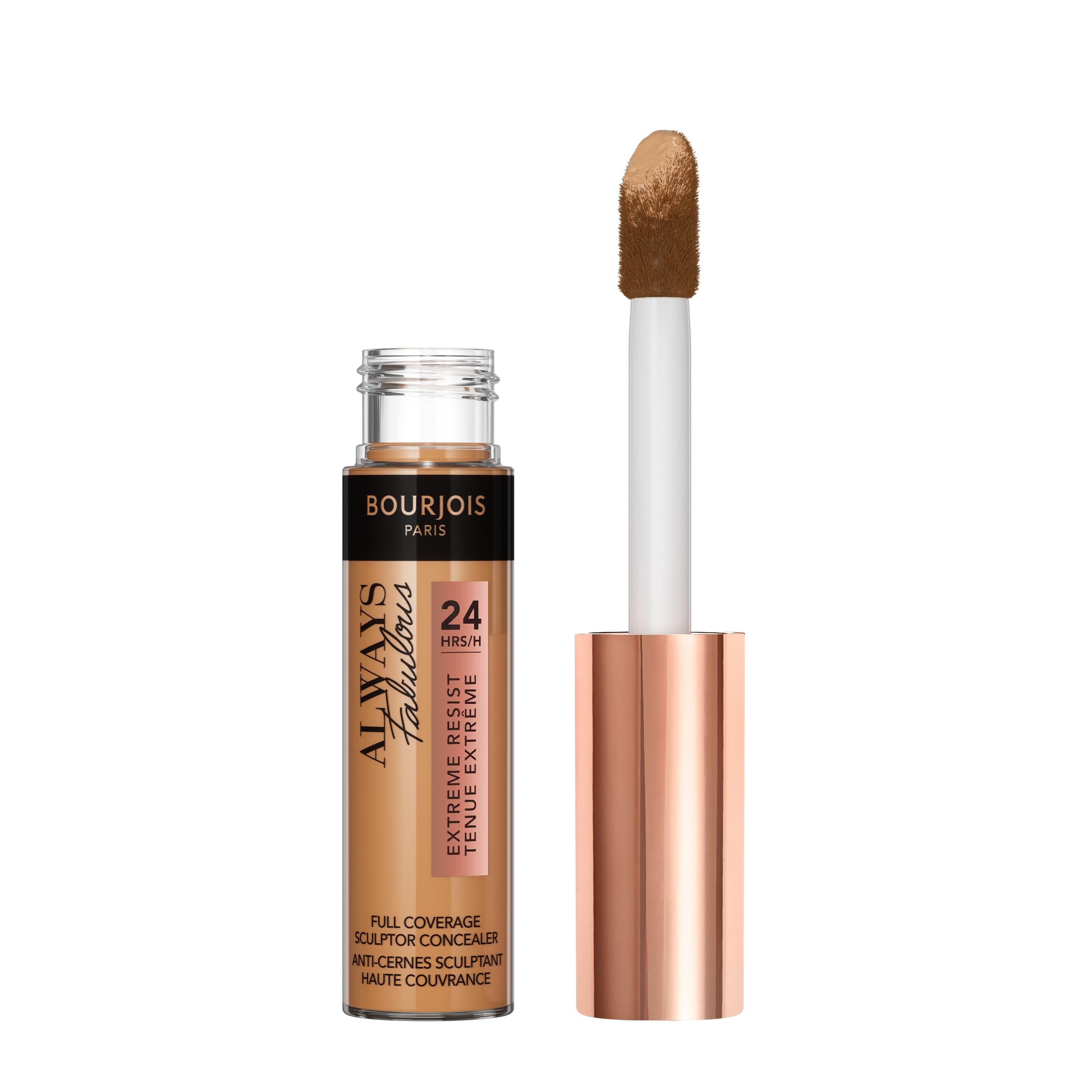 Concealer-Fläschchen mit Applikator. Goldbeige Farbton. Marke Bourjois. Text: Always Fabulous, 24H, Extreme Resist.